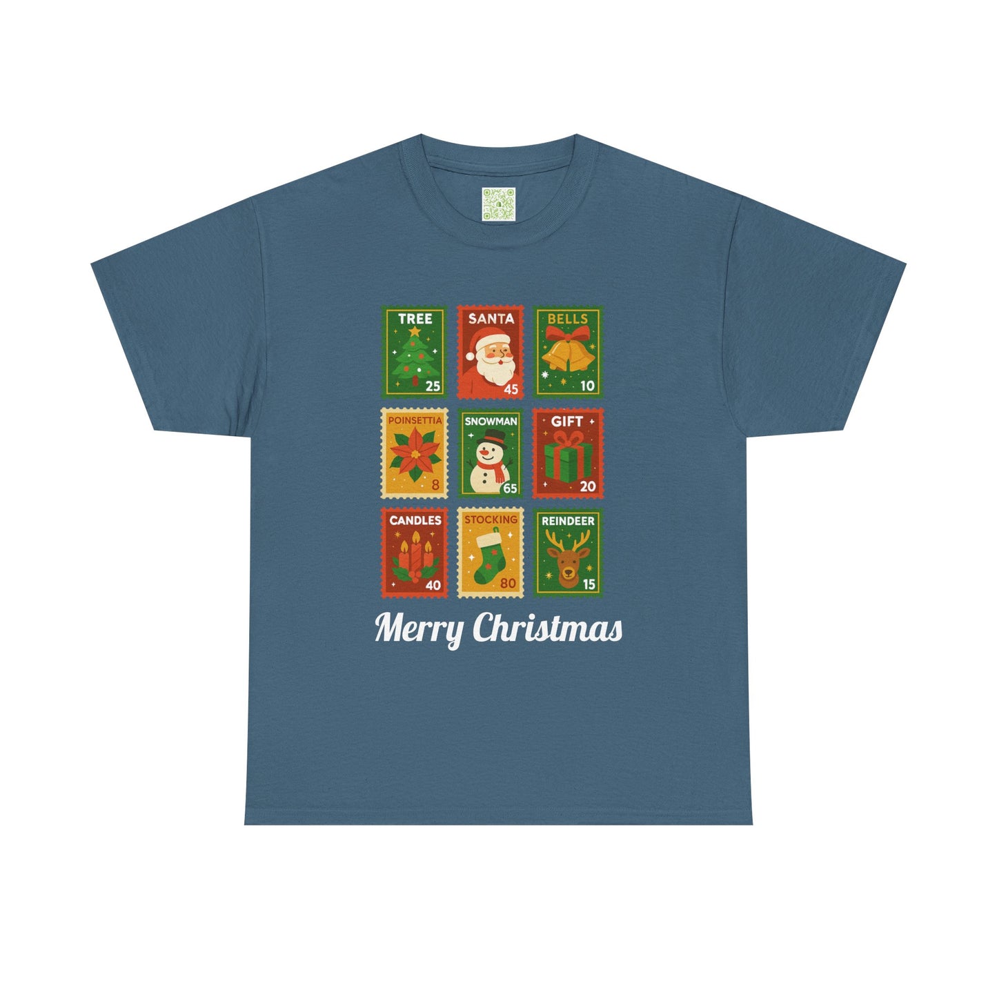 Christmas postage stamp shirt featuring festive designs and the text 'Merry Christmas'.