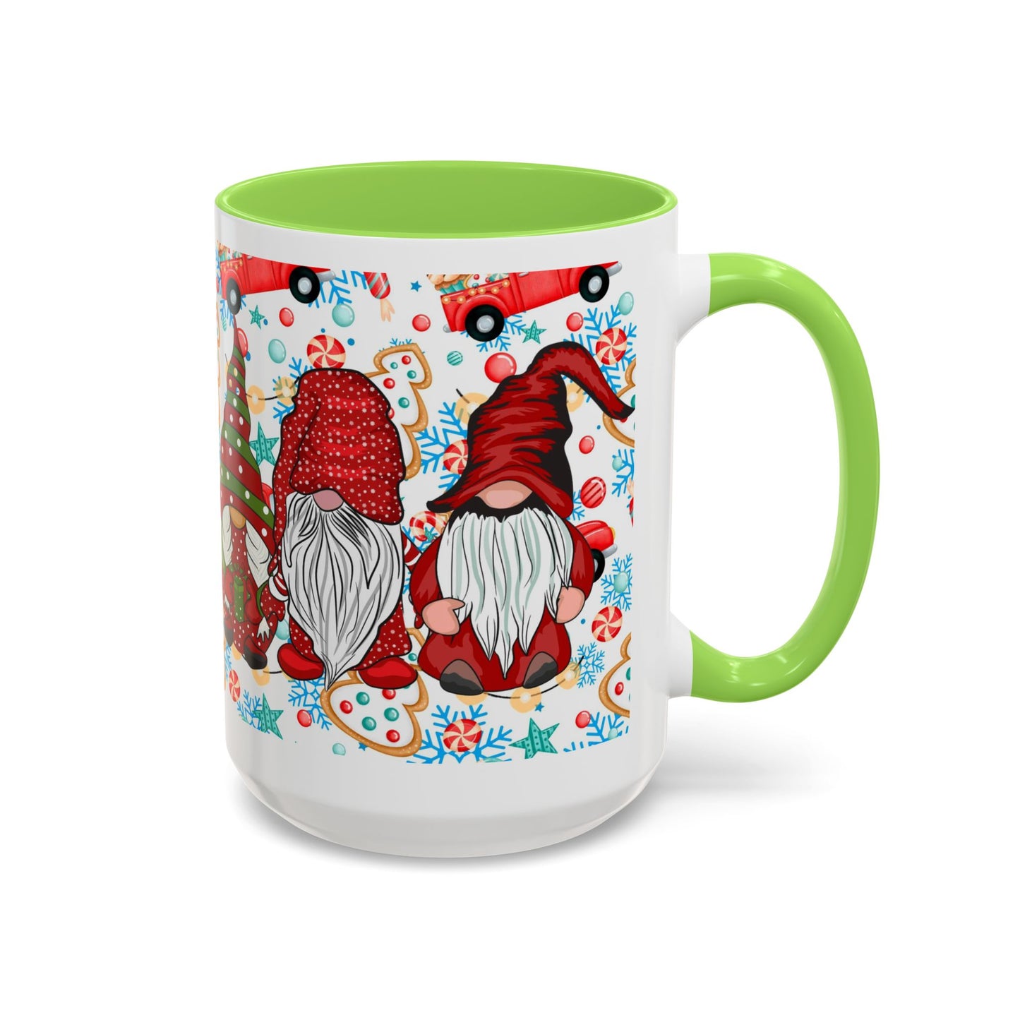 Festive Christmas gnome coffee mug with gingerbread design and snowflakes, perfect for holiday enjoyment.