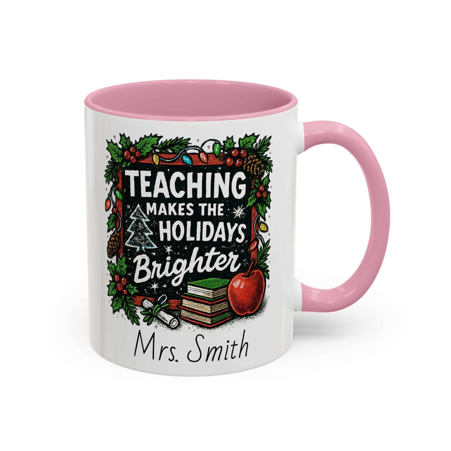 Personalized teacher holiday mug with festive design, marshmallows, and candy cane for a joyful gift.