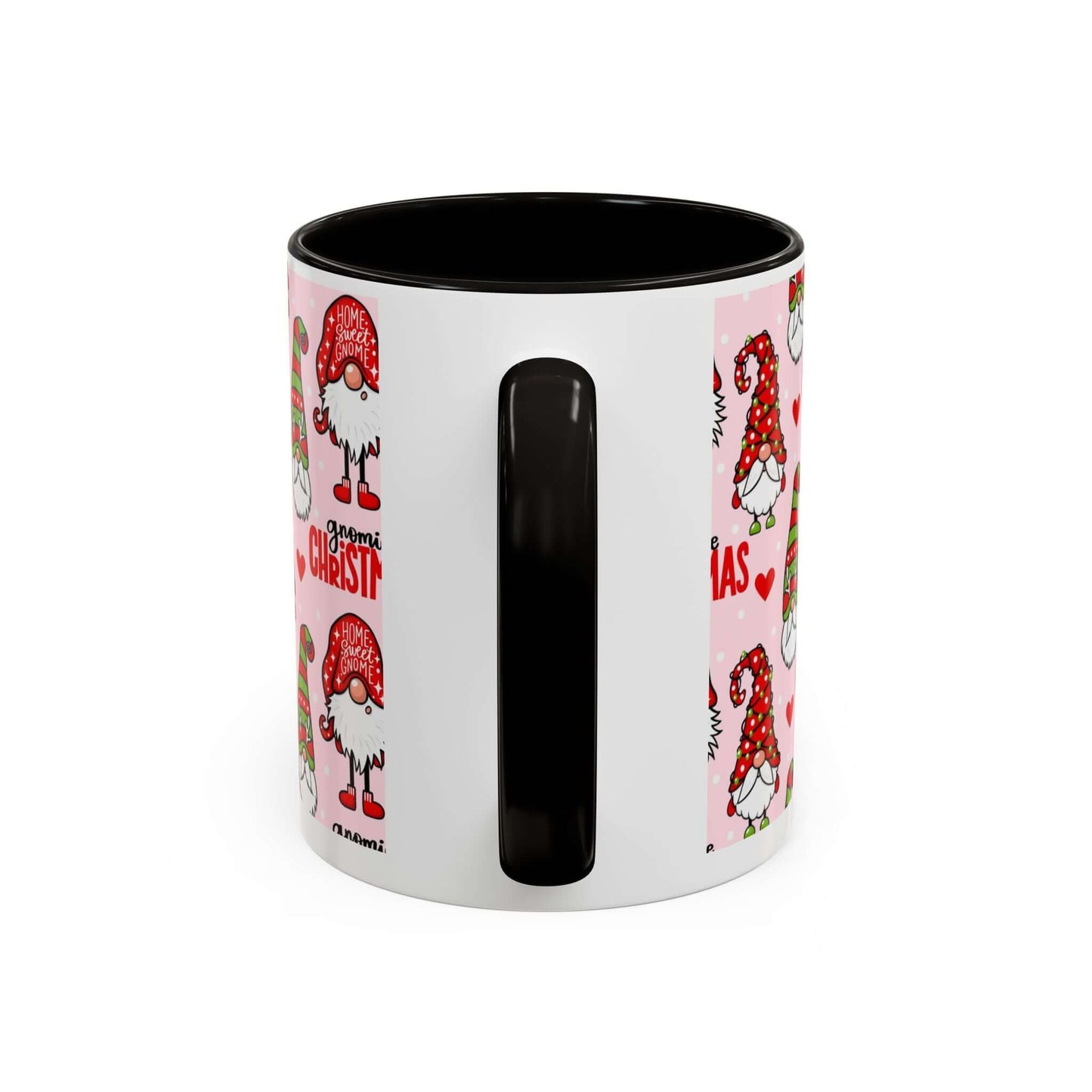 Festive Christmas gnome coffee mug with whimsical designs on pink background and black handle.