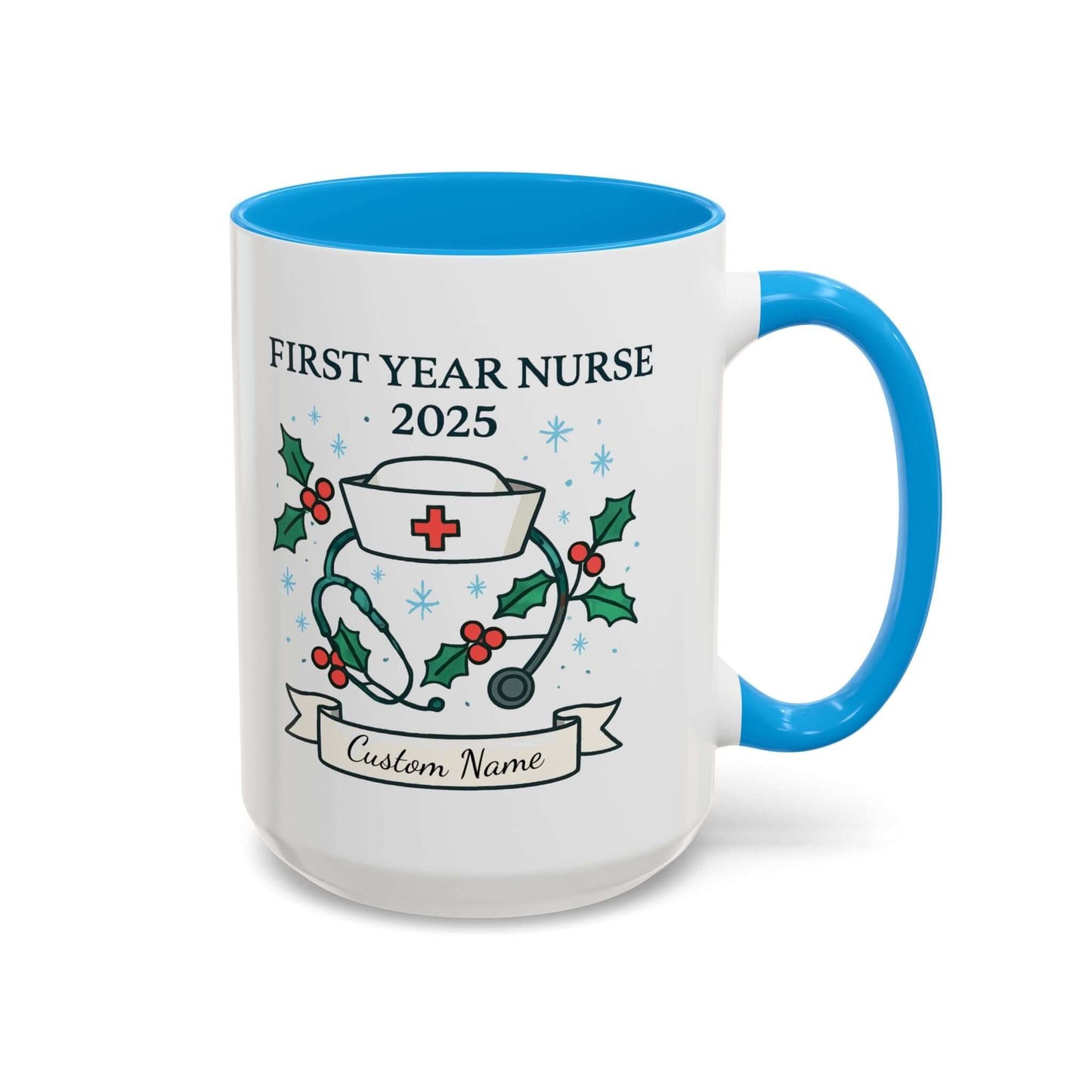 Personalized first year nurse mug with festive design and customizable name for 2025 graduation.