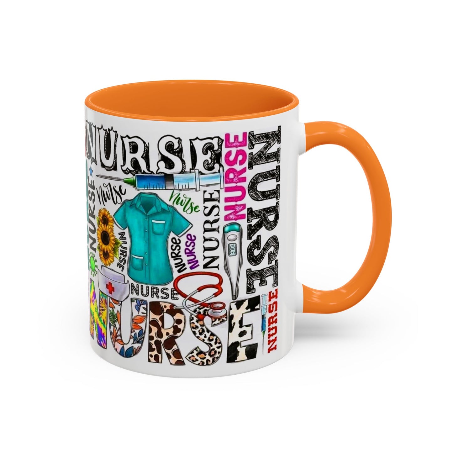Colorful nurse coffee mug held by hands, ideal gift for nurse appreciation or nursing students.
