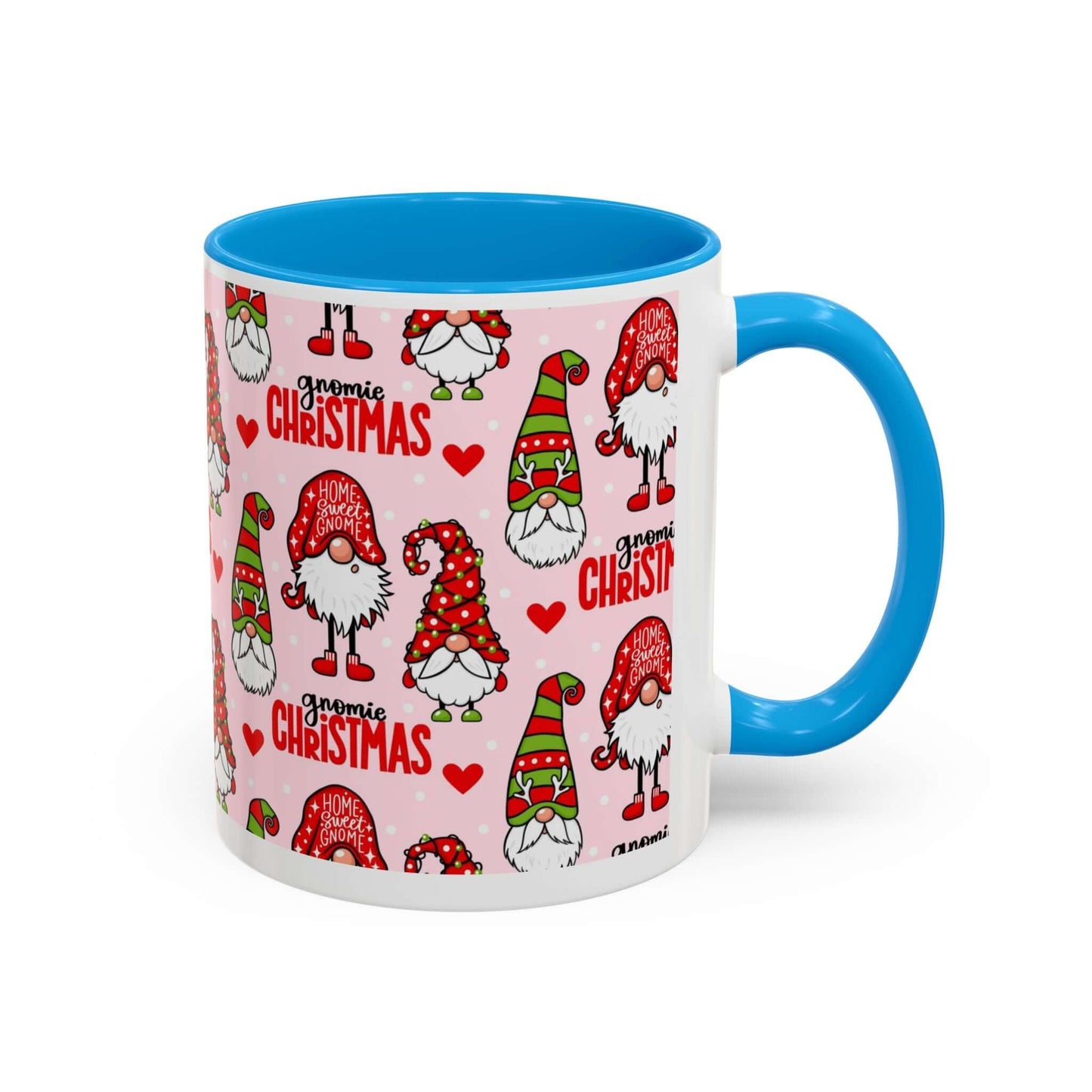 Festive Christmas gnome coffee mug with pink background and blue handle, featuring whimsical gnome designs.