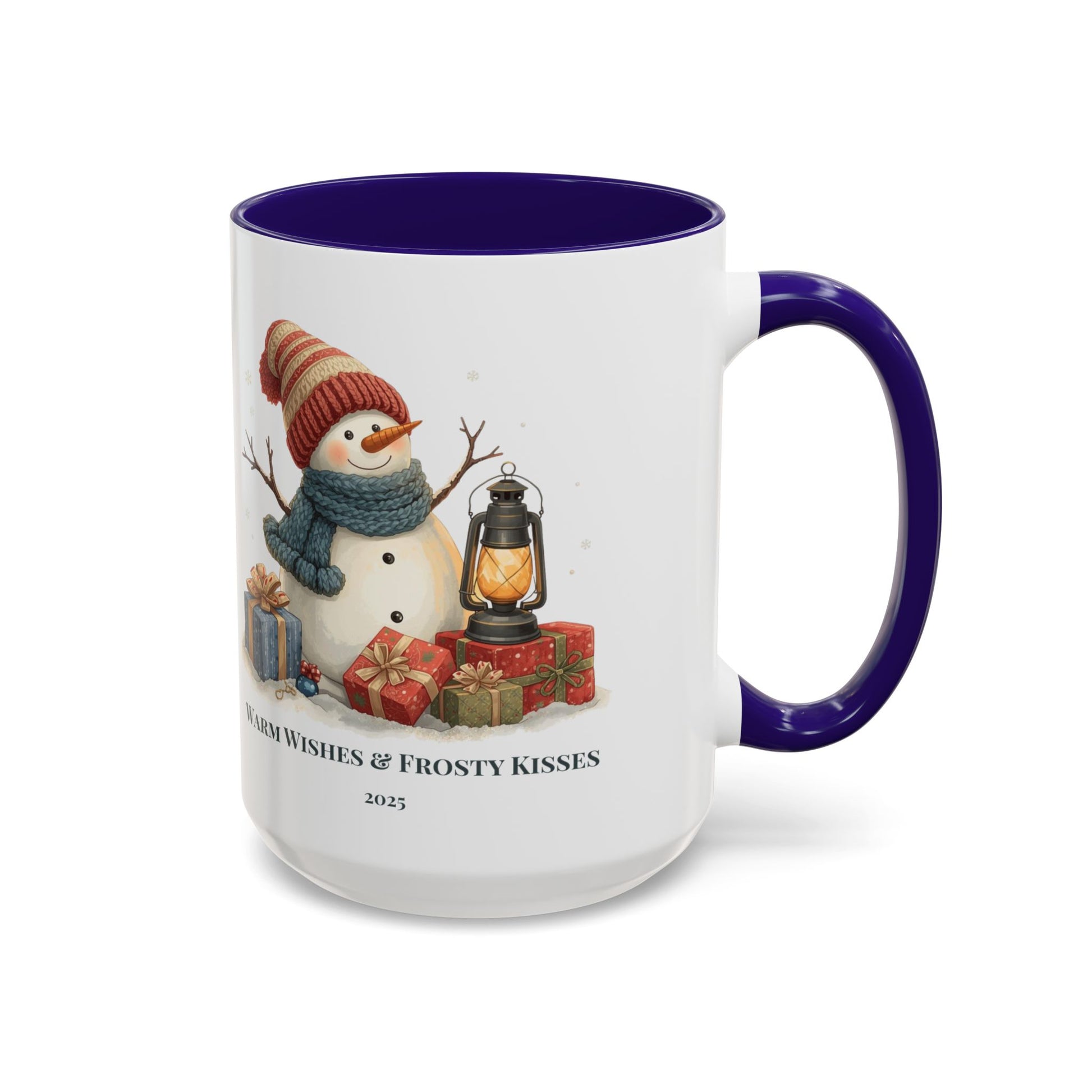 Snowman coffee mug with warm wishes and frosty kisses message, featuring a cheerful snowman and lantern design.