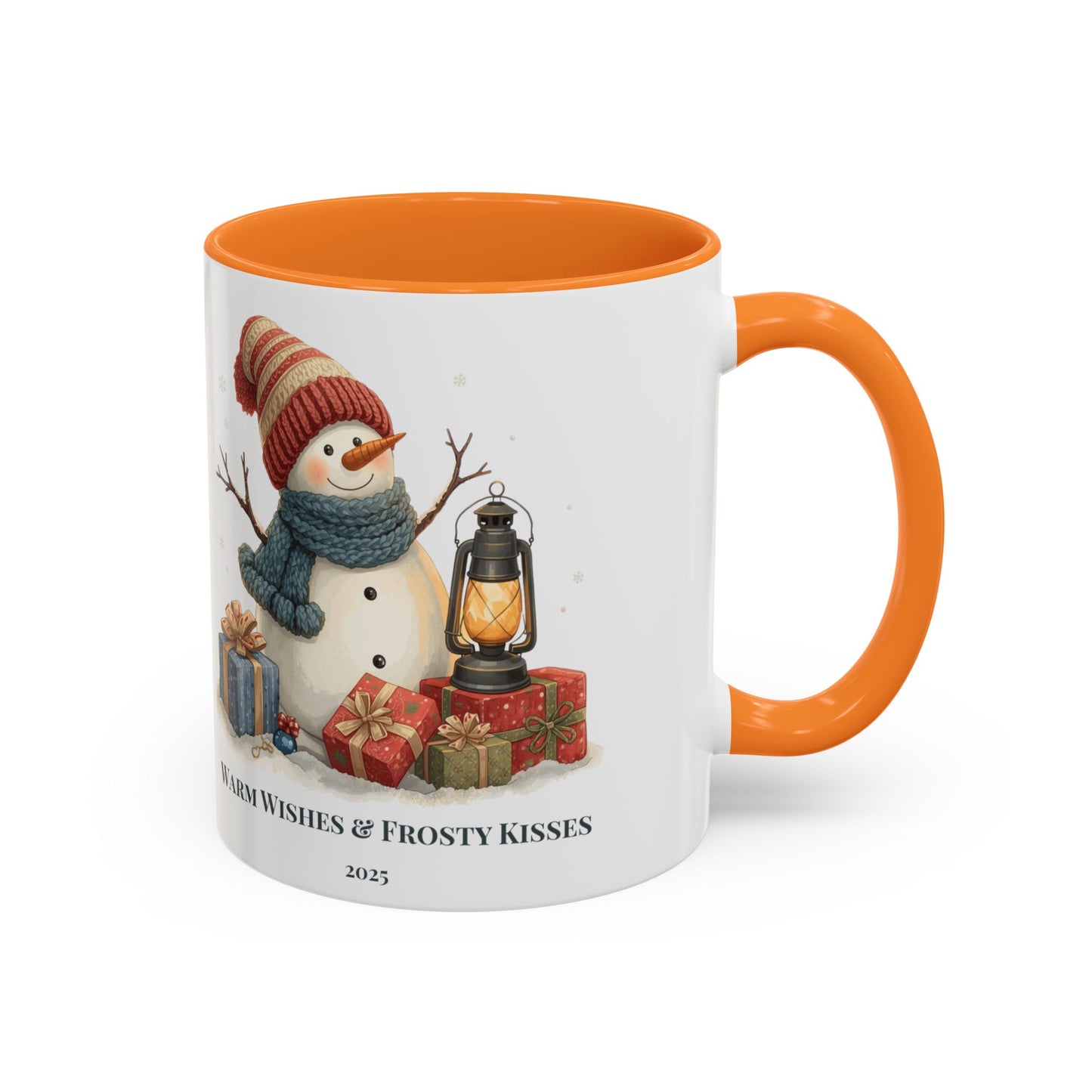Snowman coffee mug with warm wishes and frosty kisses message, featuring a cheerful snowman and lantern design.