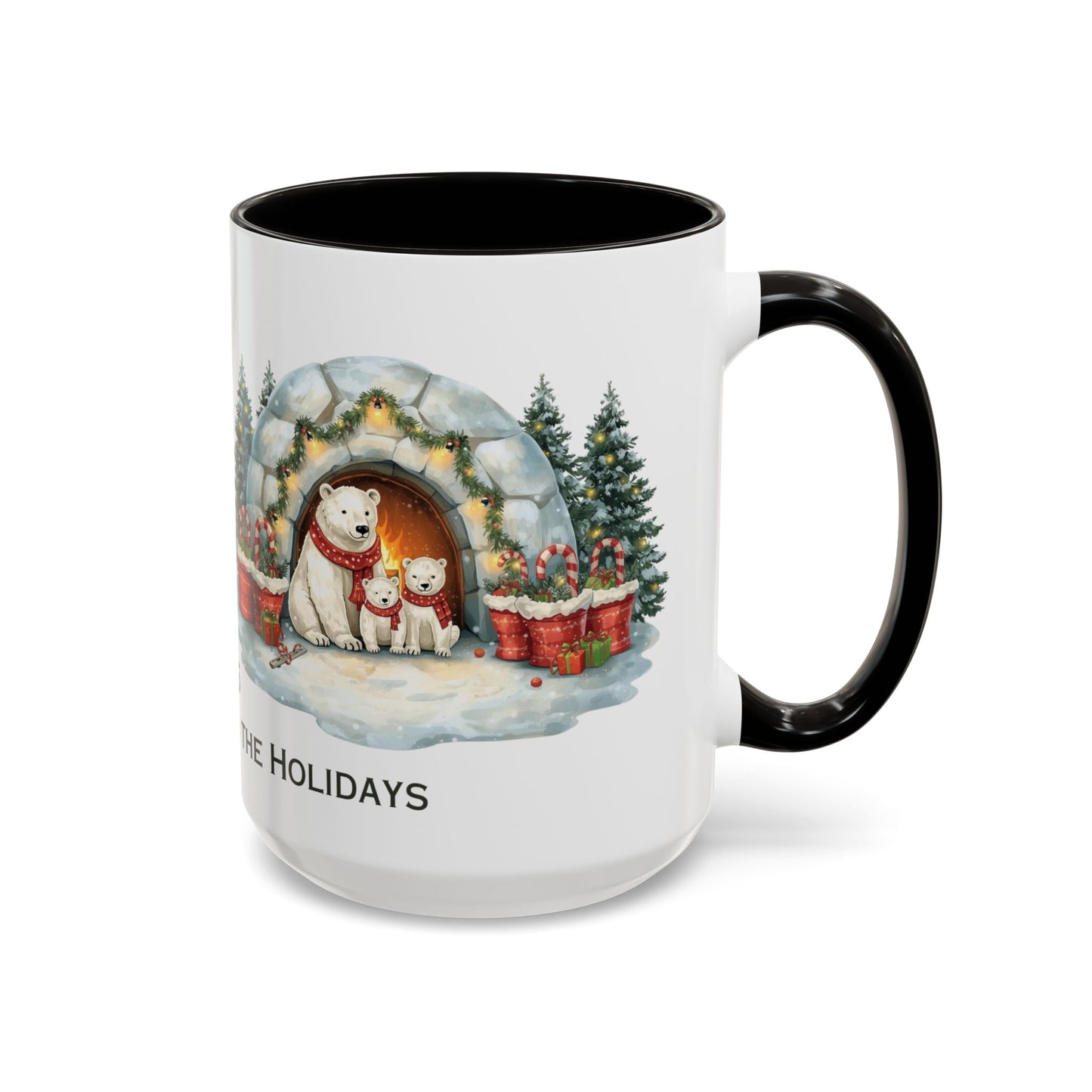 Polar Bear Christmas Mug featuring an igloo family scene with trees and holiday decorations.
