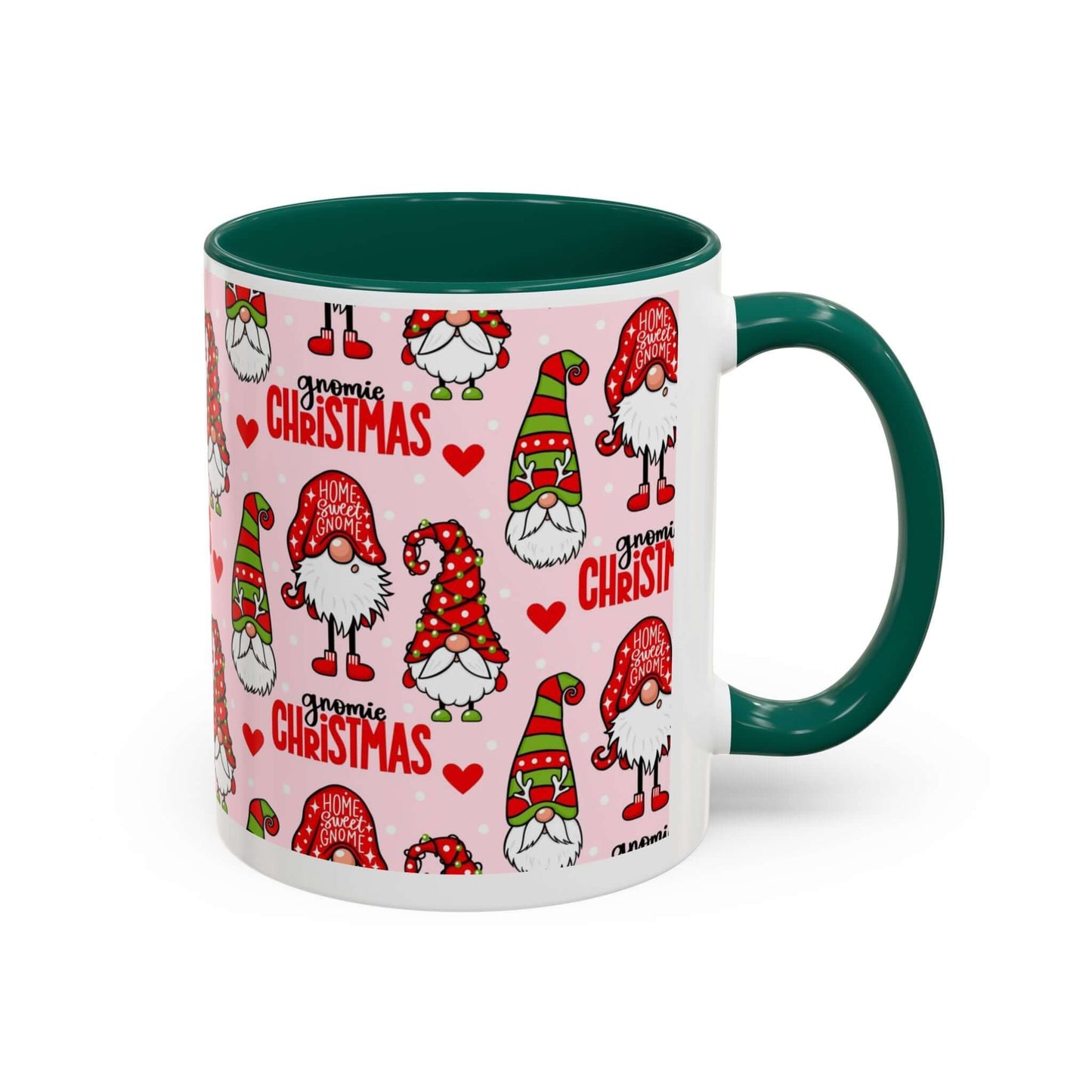 Festive Christmas gnome coffee mug with pink background and green handle, featuring whimsical gnome designs and holiday cheer.