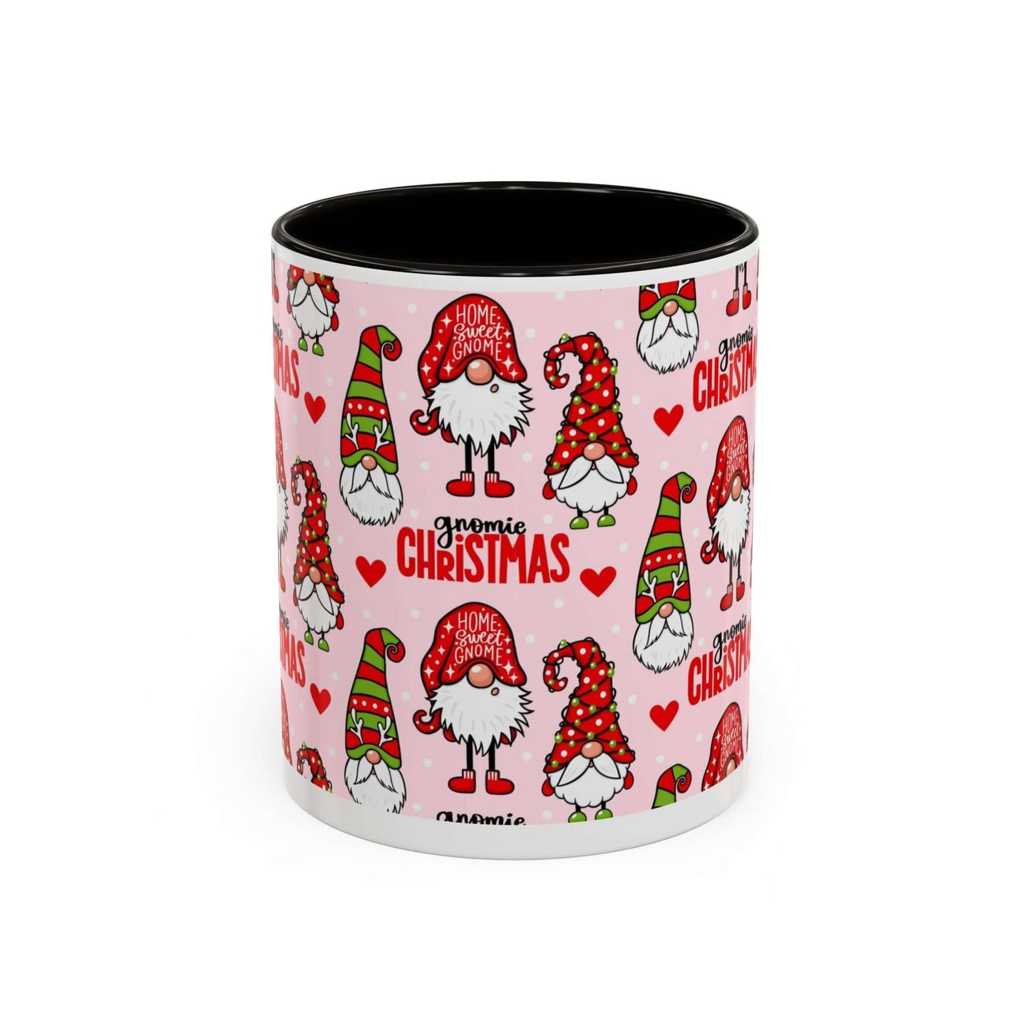 Festive Christmas gnome coffee mug with whimsical designs on a pink background, perfect for holiday cheer.