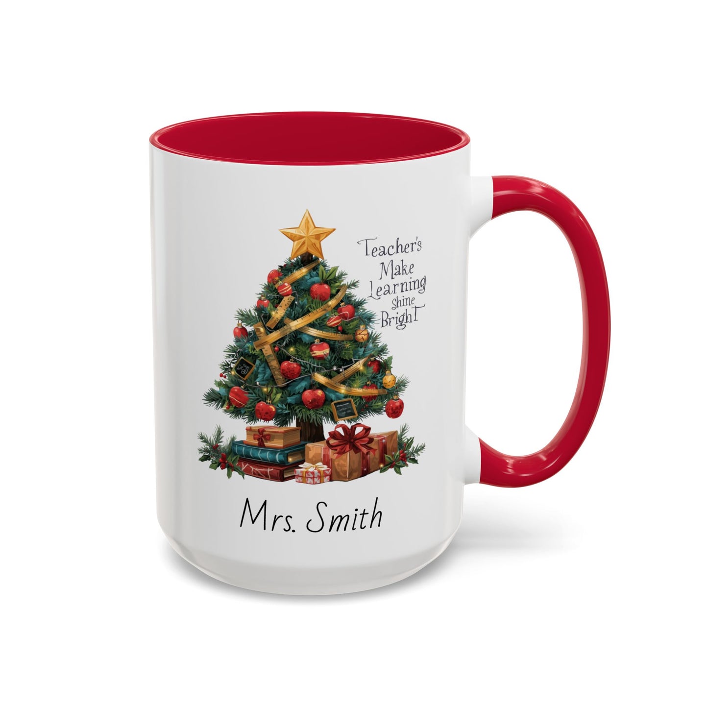 Personalized Christmas teacher mug with festive tree design, custom name, red handle, perfect holiday gift.