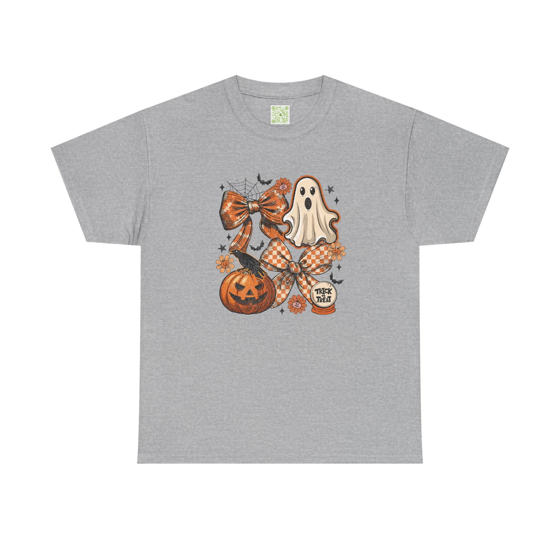 Vintage Coquette Halloween Tee featuring a ghost, pumpkin, and autumn bow on a gray shirt.