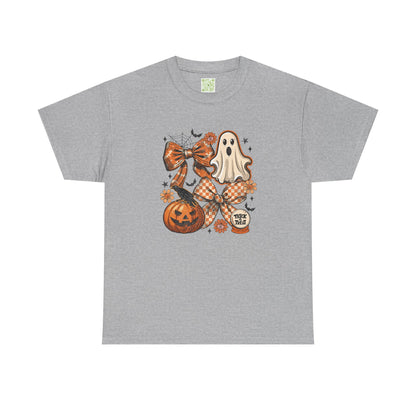 Vintage Coquette Halloween Tee featuring a ghost, pumpkin, and autumn bow on a gray shirt.