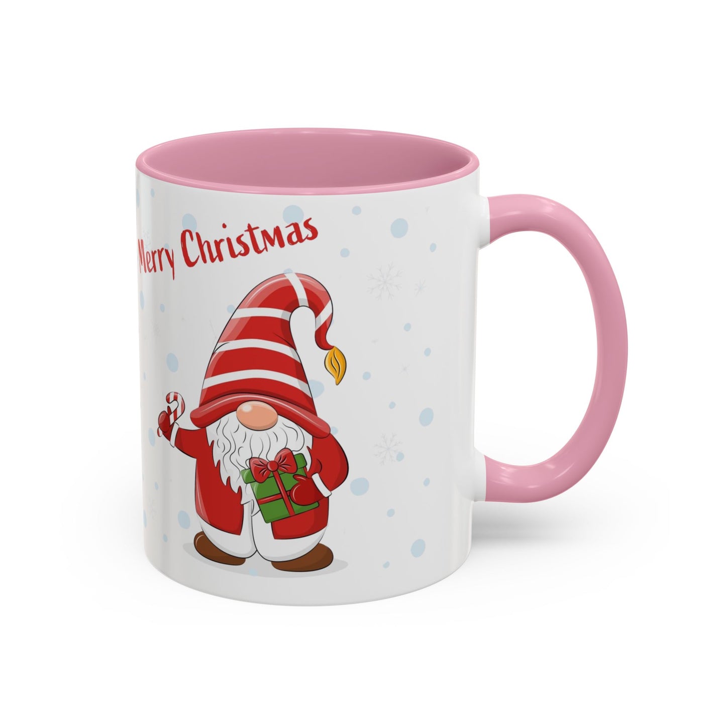 Merry Christmas gnome mug with candy cane and gift design, perfect for holiday beverages.
