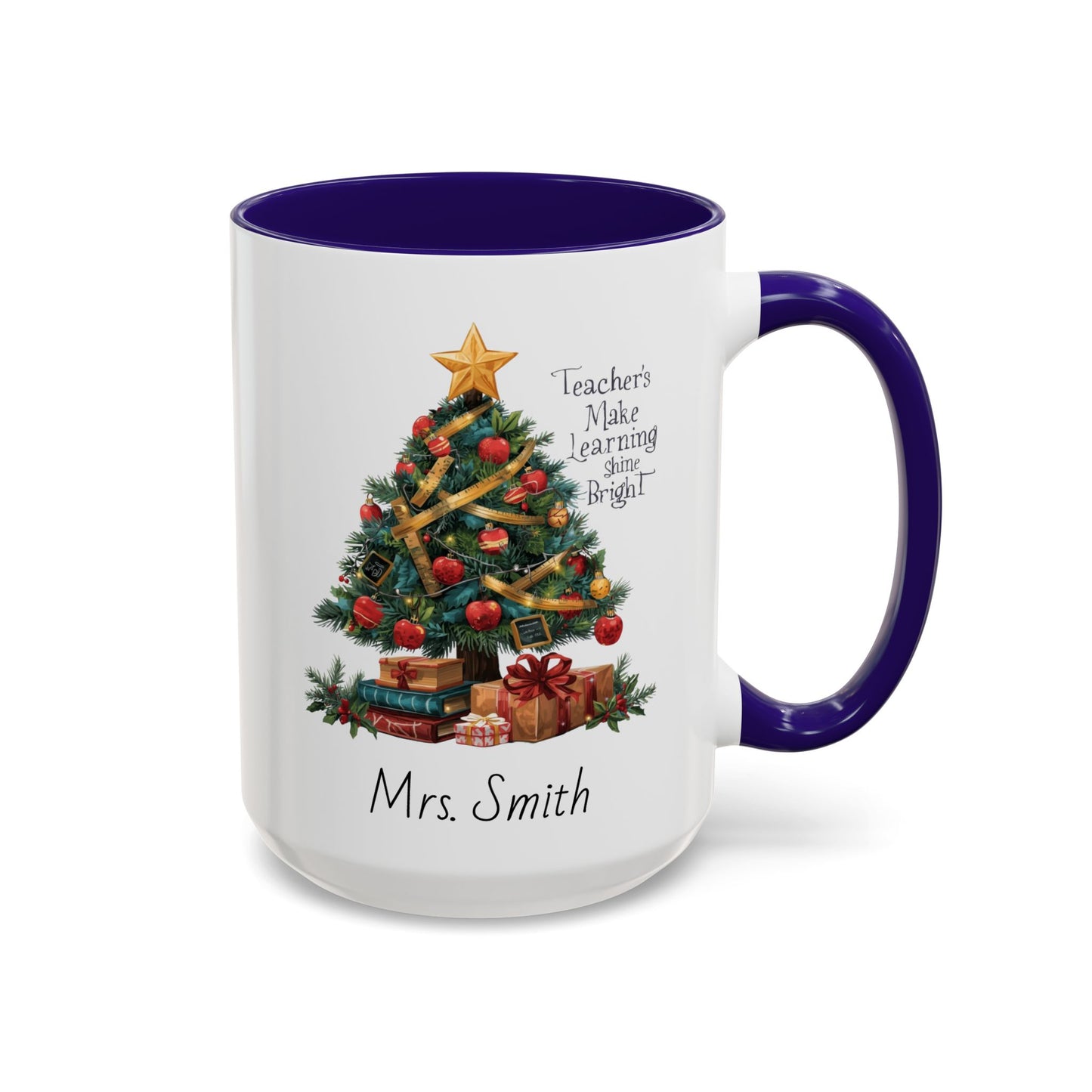 Personalized Christmas teacher mug with festive tree design, custom name, red handle, perfect holiday gift.