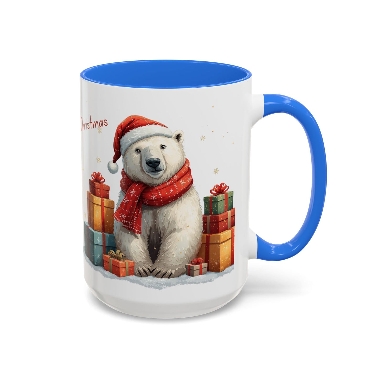 Cute Polar Bear Christmas mug with a red scarf and Santa hat, surrounded by colorful gift boxes.