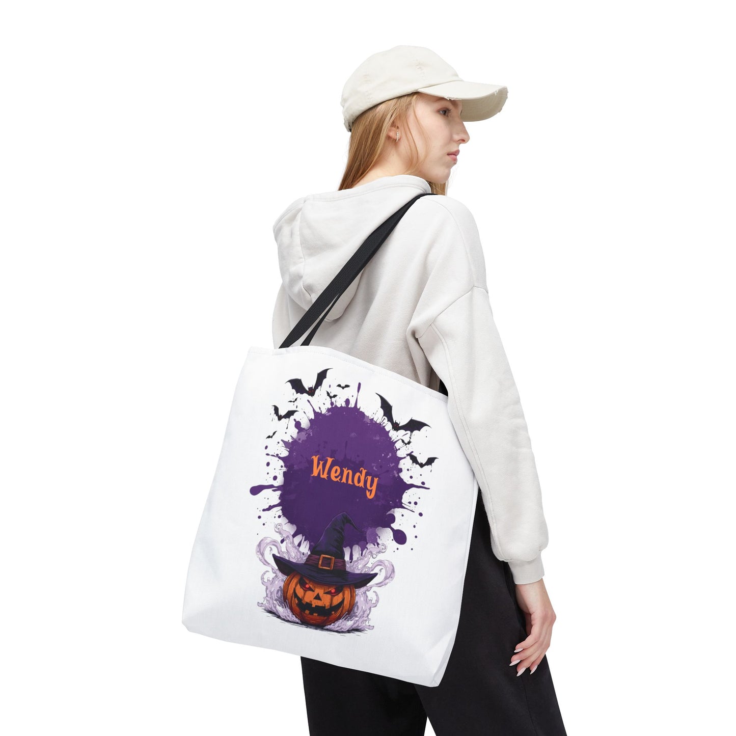 Personalized Kids Halloween Treat Bag featuring a witch hat and pumpkins, custom name 'Wendy' in spooky design.