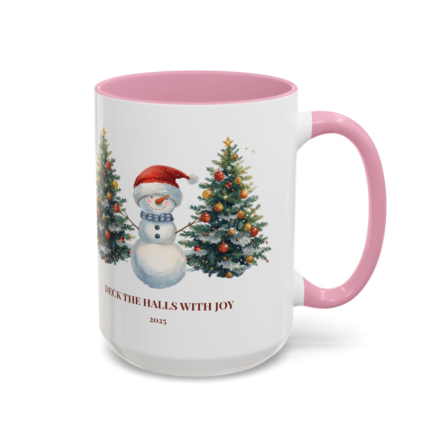 Festive snowman coffee mug featuring cheerful Christmas trees and a joyful holiday design.