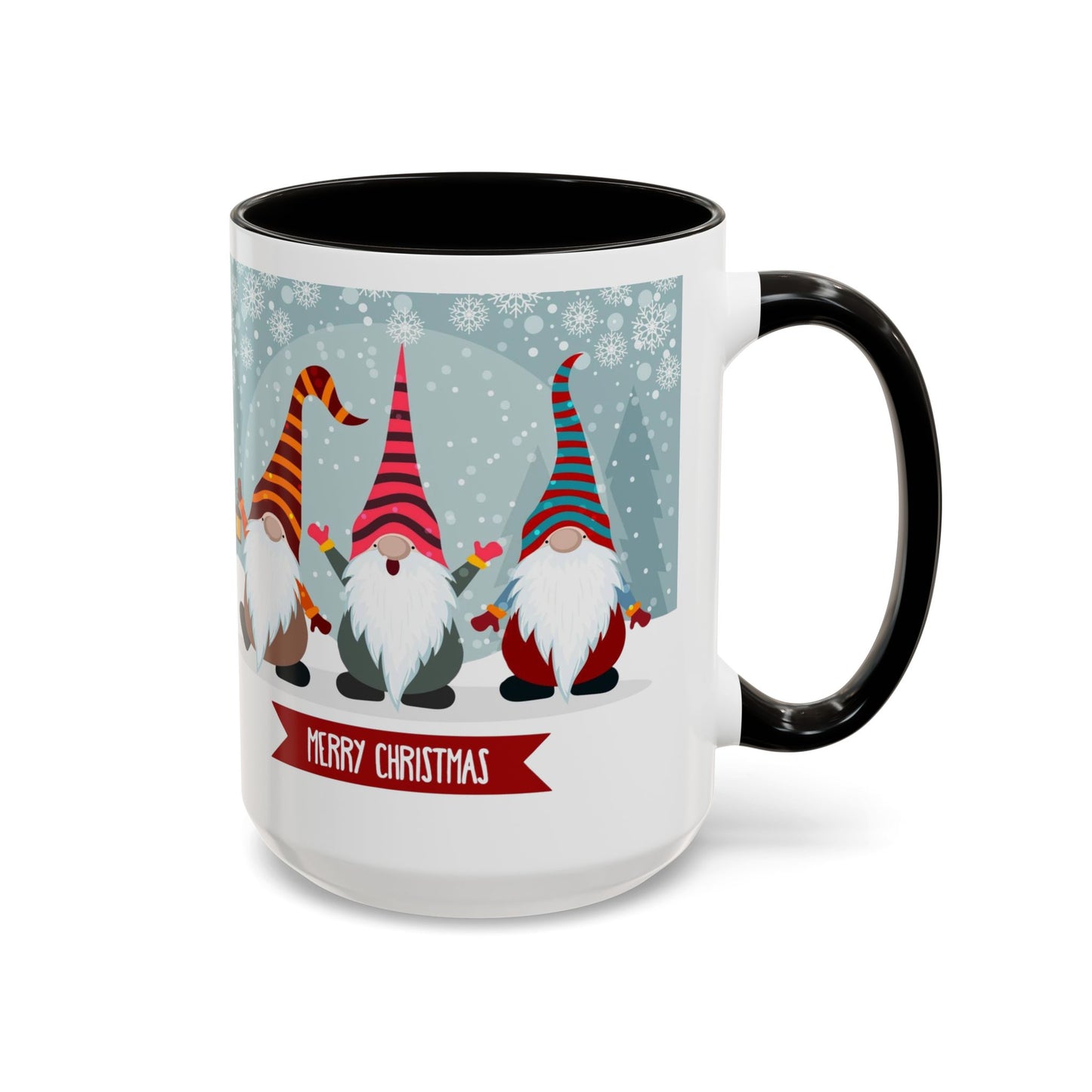 Merry Christmas gnome mug featuring colorful gnomes in festive hats, perfect for holiday coffee.