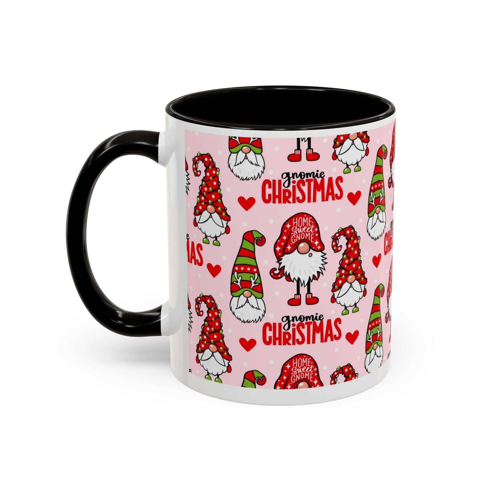 Festive Christmas gnome coffee mug with black handle, pink background, and whimsical gnome illustrations.