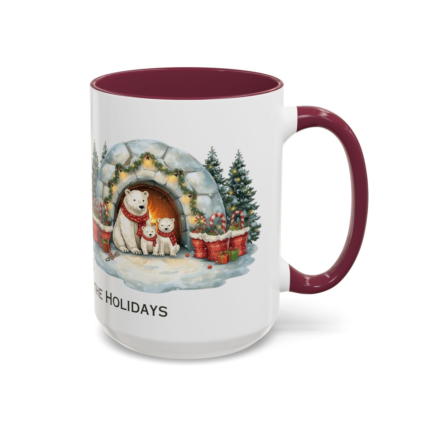 Polar Bear Christmas Mug featuring an igloo family scene with trees and holiday decorations.