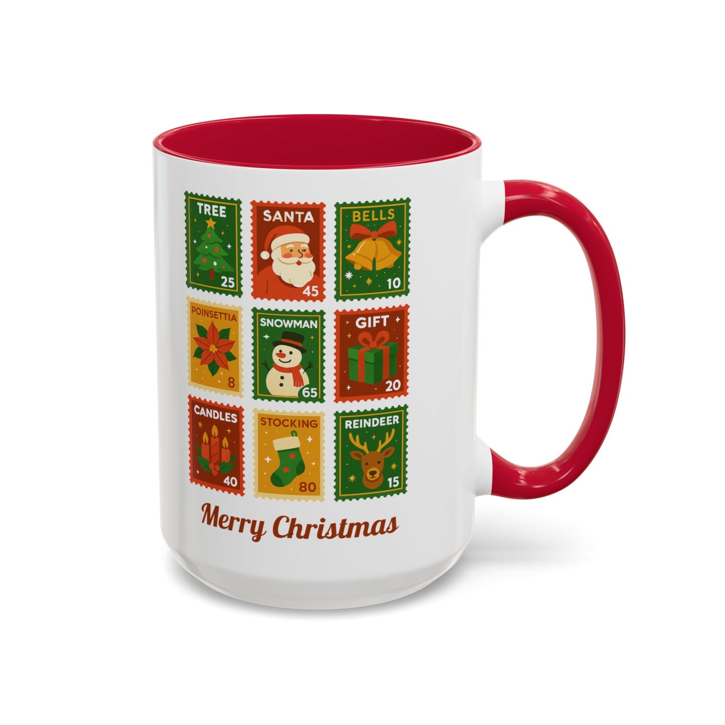 Colorful Holiday Stamp Mug, Festive Mug, Hot Cocoa Mug, Gift for Her, Secret Santa Gift, Stamp Collector, Christmas Mug