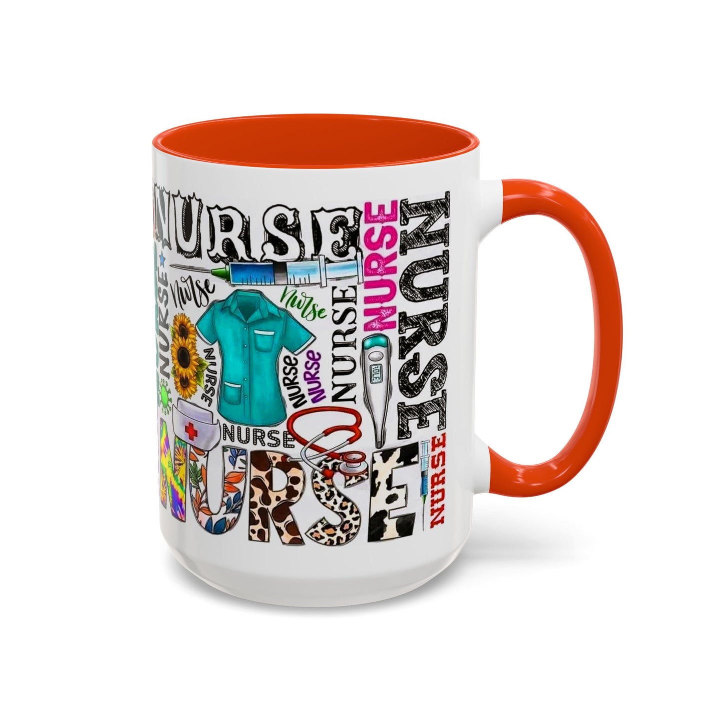 Colorful nurse coffee mug held by hands, ideal gift for nurse appreciation or nursing students.