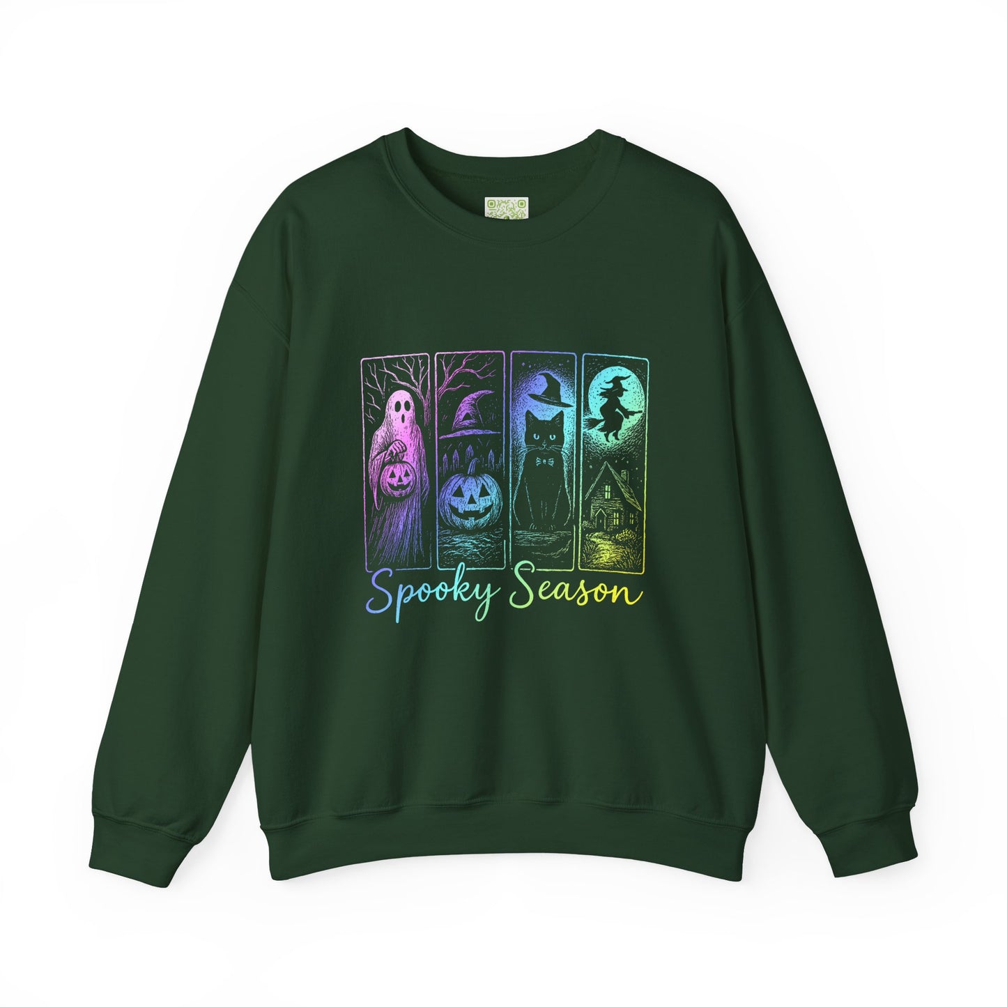 Spooky Season unisex sweatshirt with ghost, pumpkin, and cat design, perfect for Halloween and cozy fall vibes.