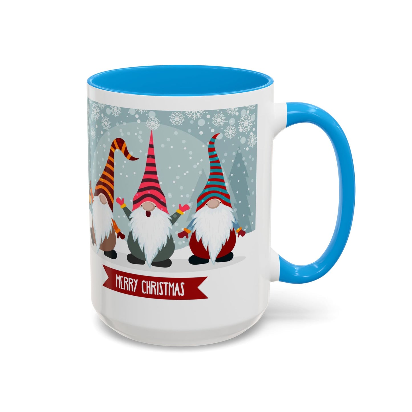Merry Christmas gnome mug featuring colorful gnomes in festive hats, perfect for holiday coffee.