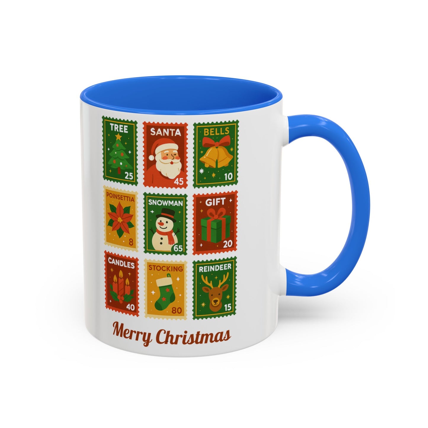 Colorful Holiday Stamp Mug, Festive Mug, Hot Cocoa Mug, Gift for Her, Secret Santa Gift, Stamp Collector, Christmas Mug