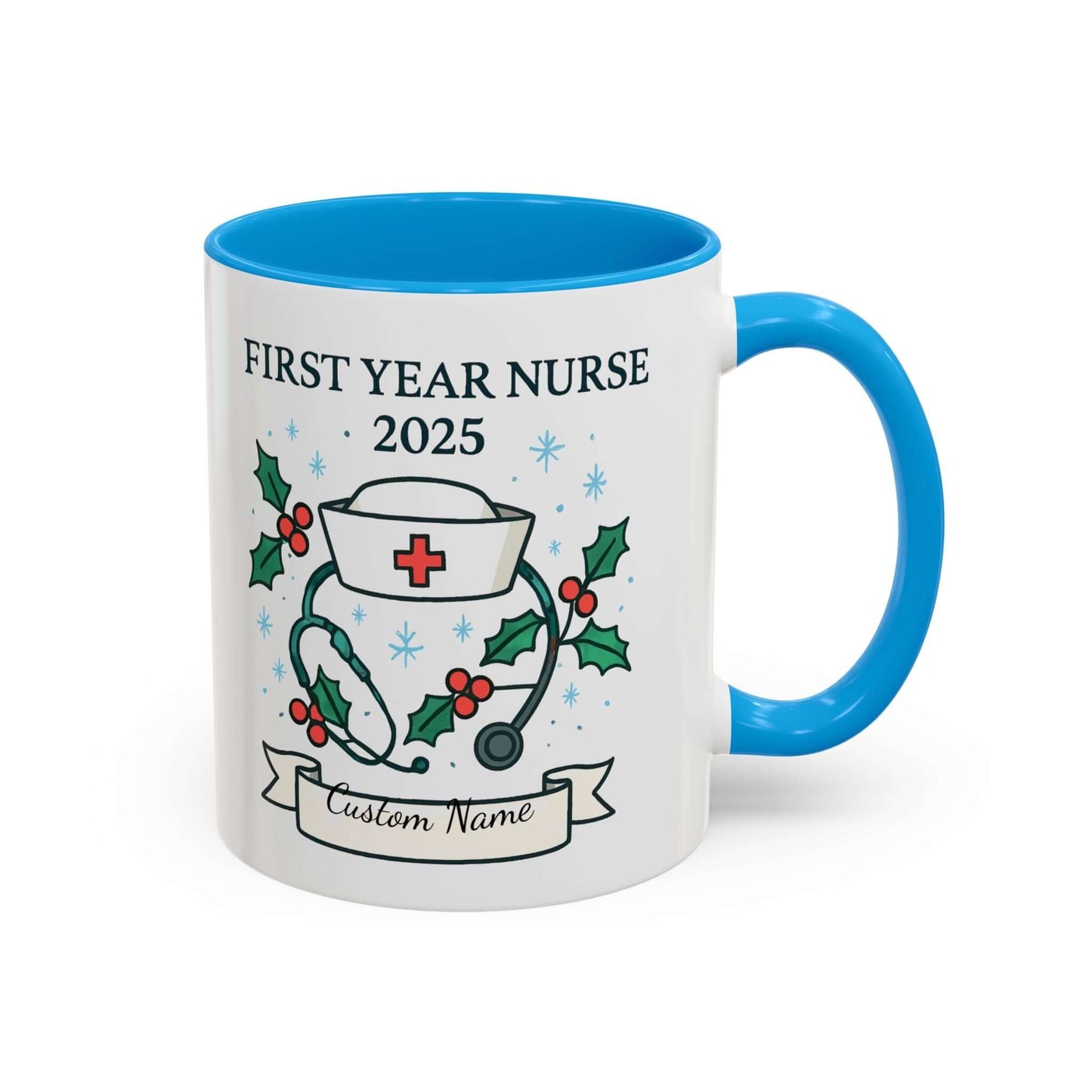 Personalized first year nurse mug with festive design and customizable name for 2025 graduation.