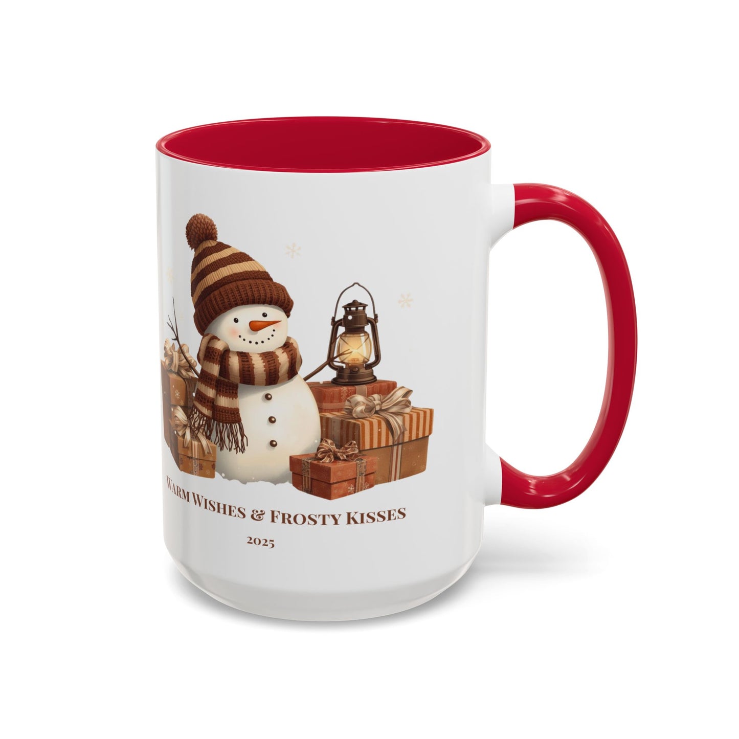 Snowman coffee mug featuring a festive design with gifts and the message 'Warm Wishes & Frosty Kisses'