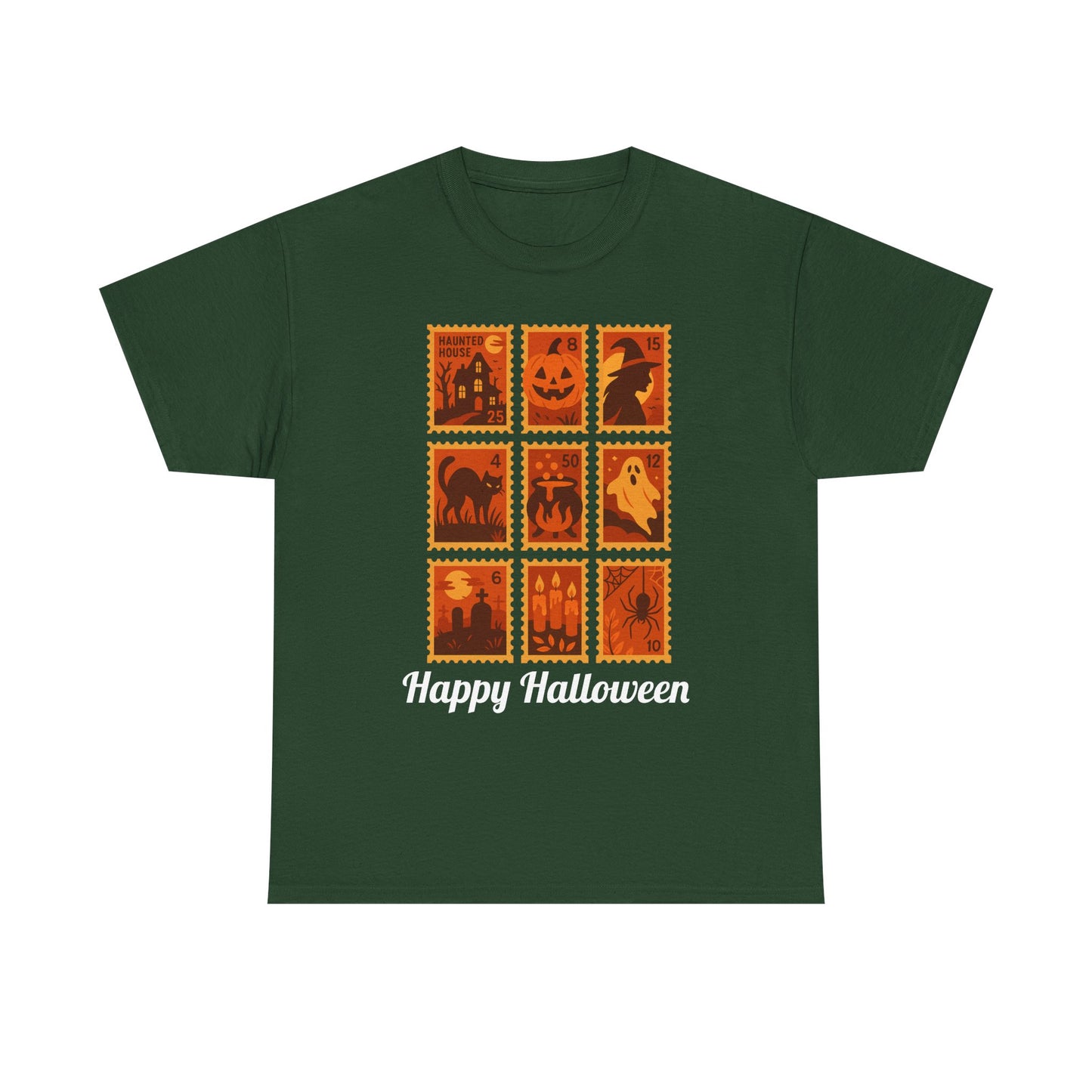  Halloween postage stamp t-shirt featuring spooky designs and 'Happy Halloween' text, perfect for fall fashion.