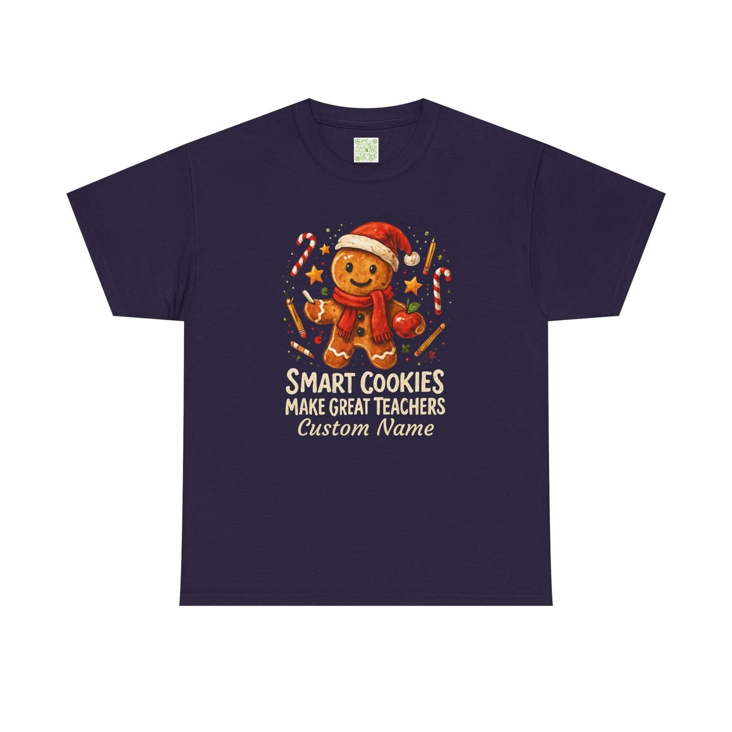 Gingerbread teacher holiday shirt with the phrase 'Smart Cookies Make Great Teachers' and festive decorations.