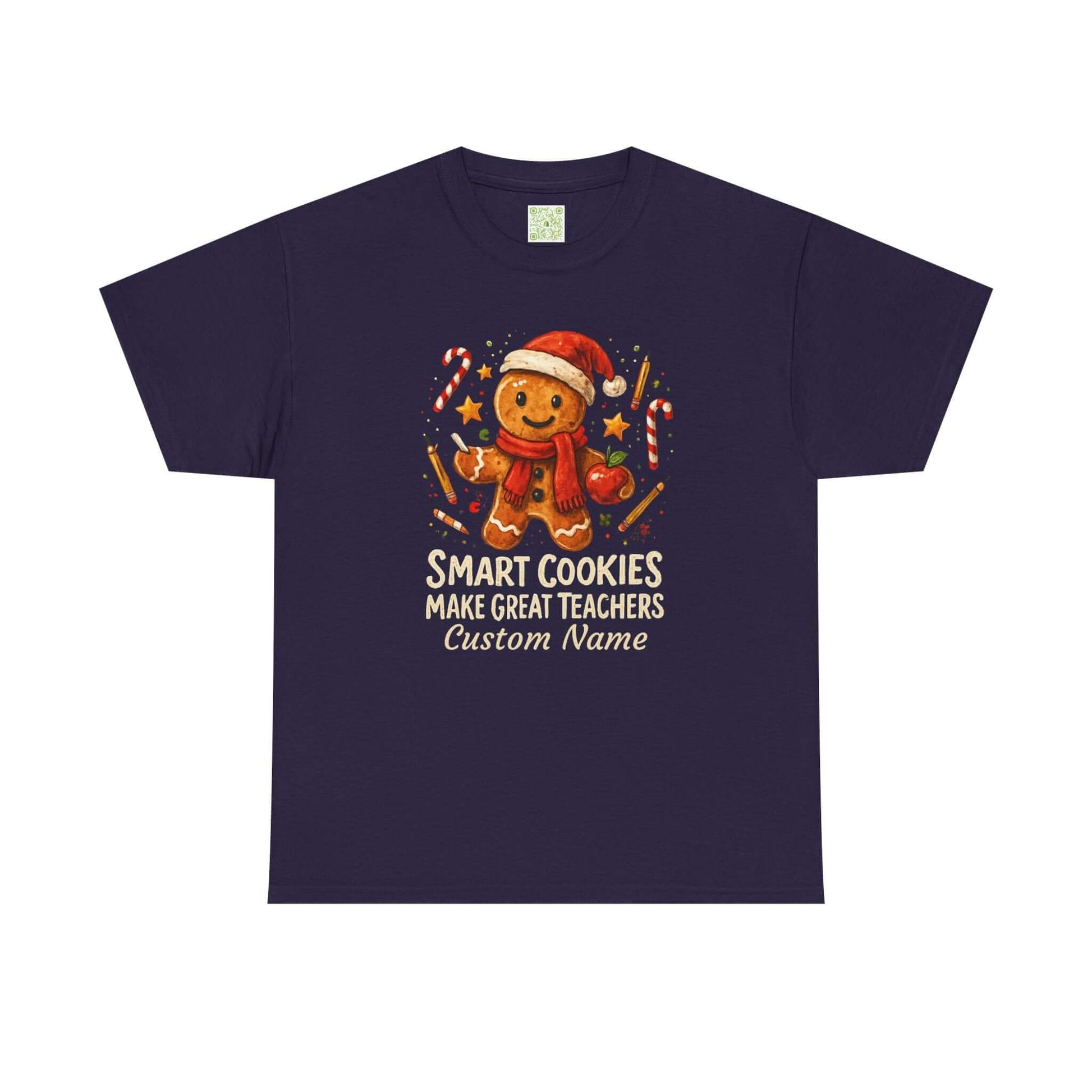 Gingerbread teacher holiday shirt with the phrase 'Smart Cookies Make Great Teachers' and festive decorations.
