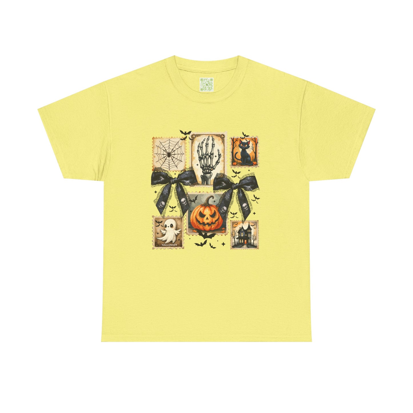 Yellow Halloween themed shirt featuring playful pumpkin print, skeleton, ghosts, and bats, perfect for fall festivities.