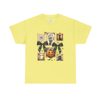 Yellow Halloween themed shirt featuring playful pumpkin print, skeleton, ghosts, and bats, perfect for fall festivities.