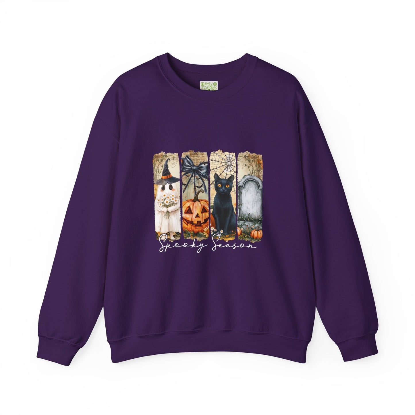 Spooky Season Sweatshirt in purple featuring Halloween graphics like a cat, pumpkin, and witch hat.