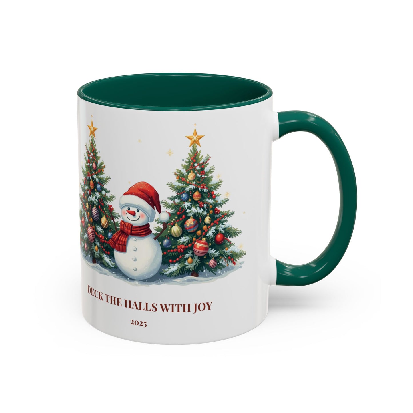 Christmas snowman mug with festive tree design, perfect for holiday drinks and cozy moments.