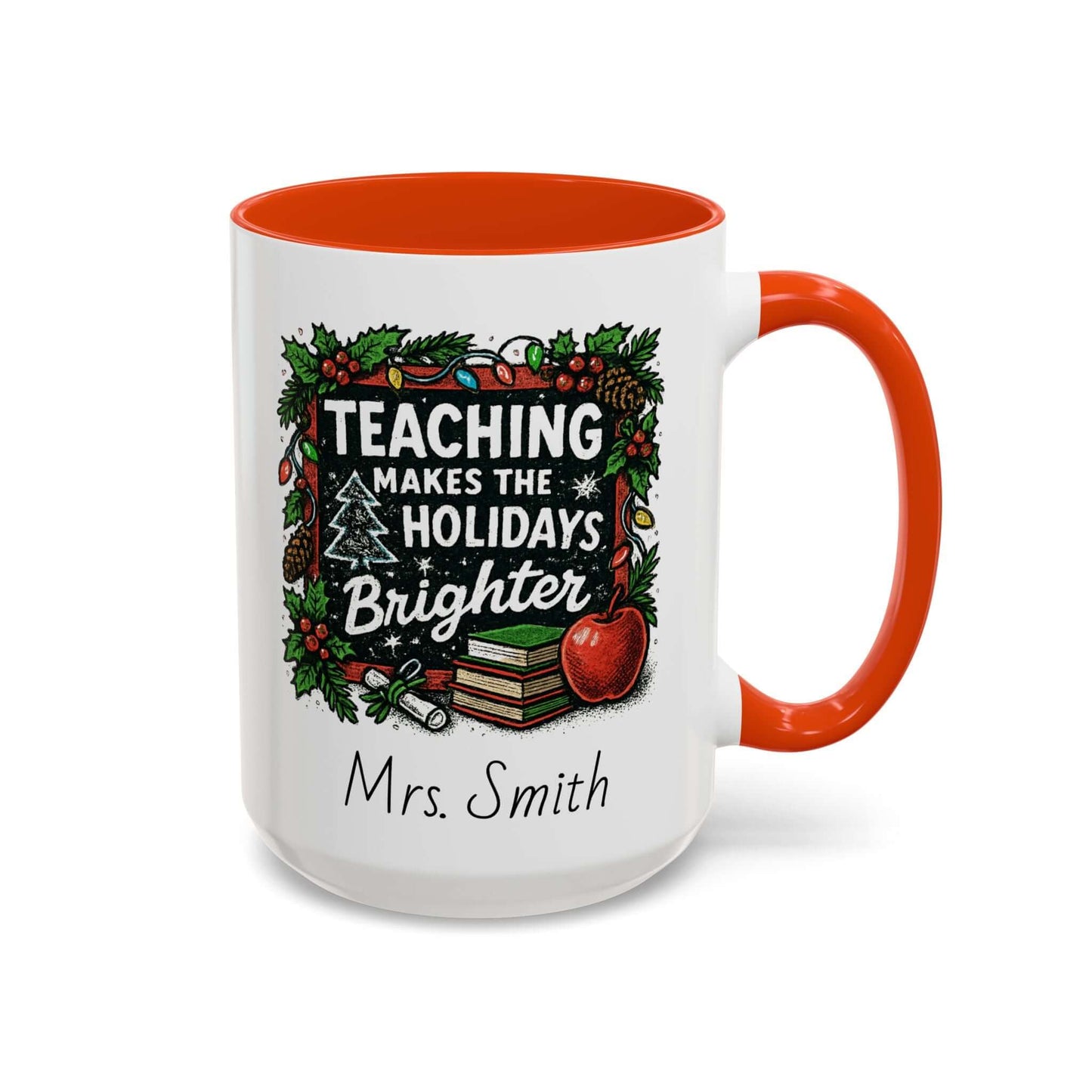Personalized teacher holiday mug with festive design, marshmallows, and candy cane for a joyful gift.