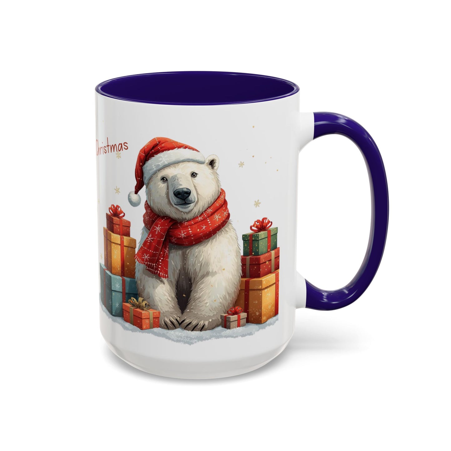 Cute Polar Bear Christmas mug with a red scarf and Santa hat, surrounded by colorful gift boxes.