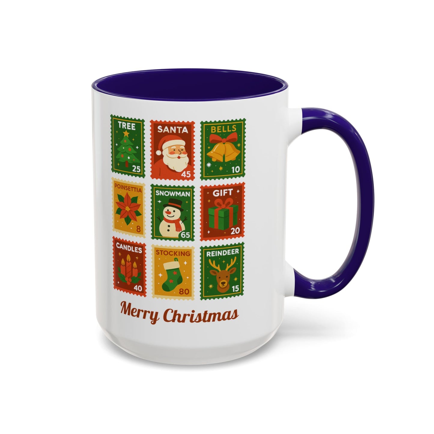 Colorful Holiday Stamp Mug, Festive Mug, Hot Cocoa Mug, Gift for Her, Secret Santa Gift, Stamp Collector, Christmas Mug