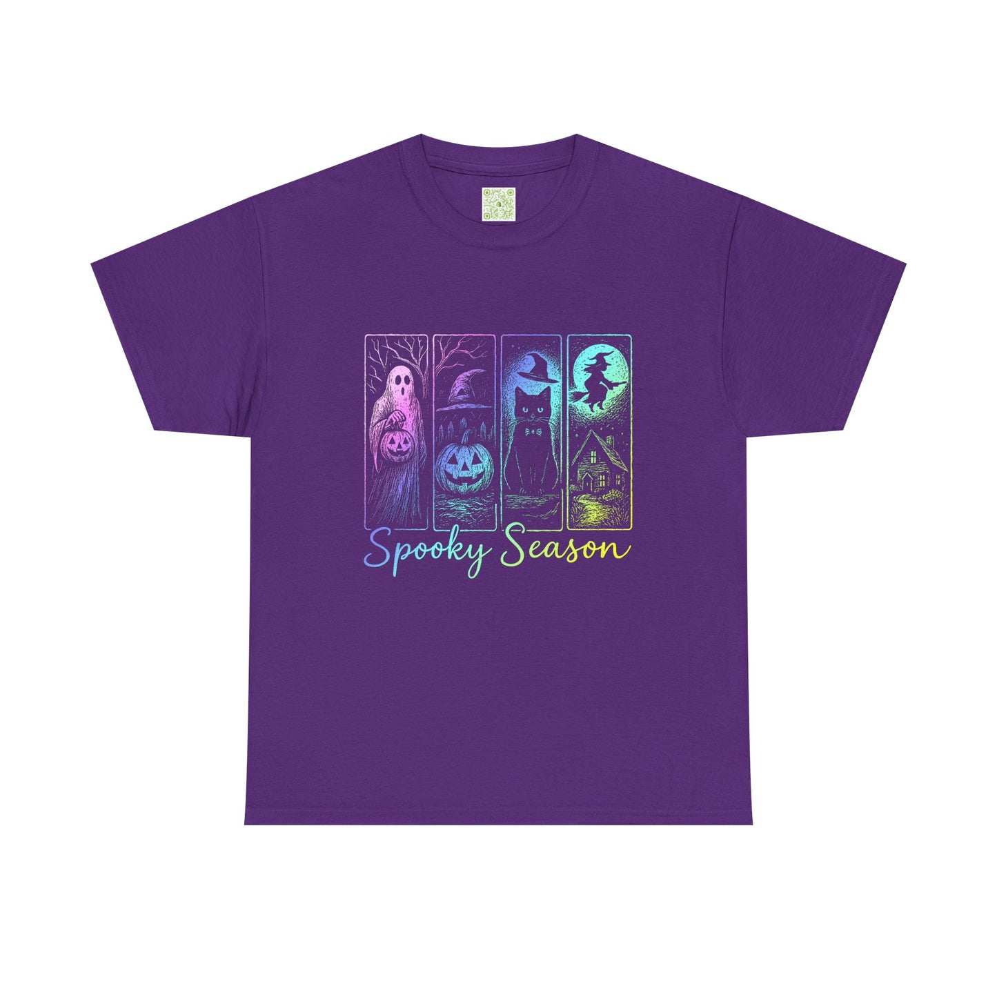 Purple Halloween pumpkin shirt featuring spooky season designs with ghosts, cats, and haunted houses.