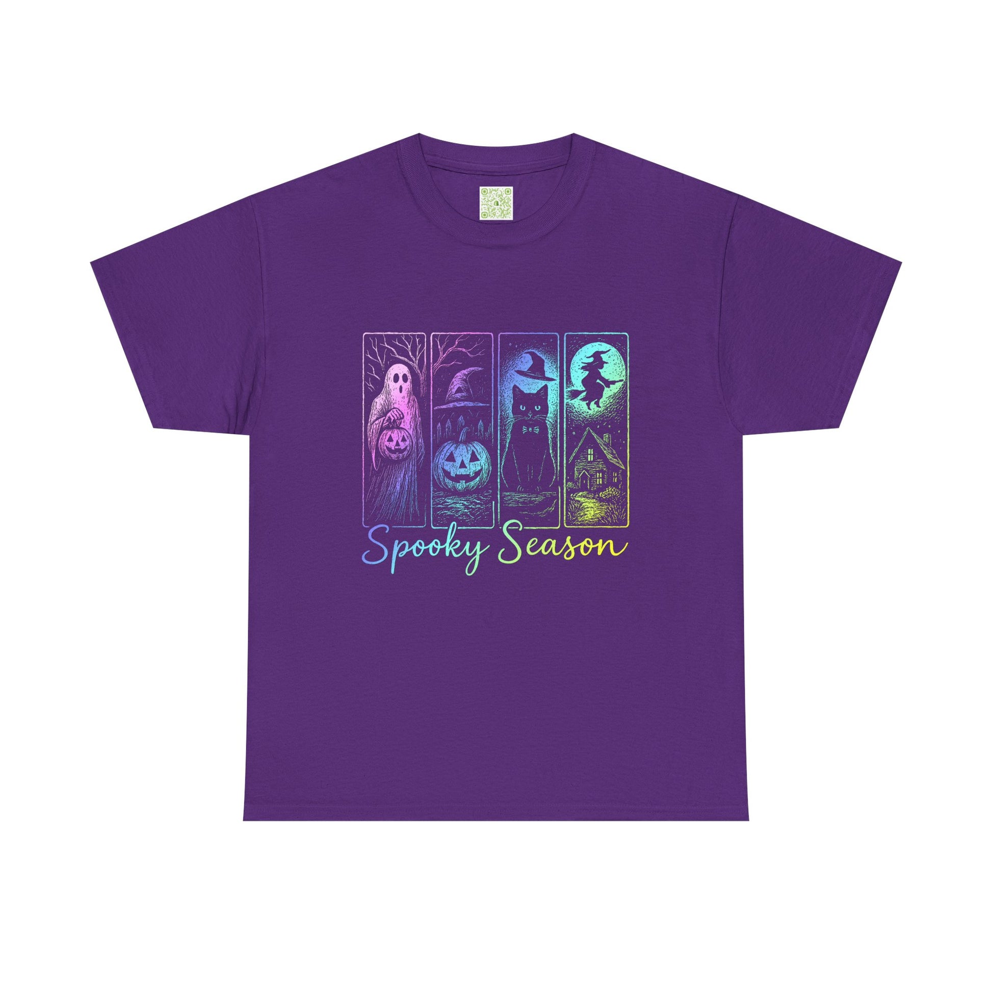 Purple Halloween pumpkin shirt featuring spooky season designs with ghosts, cats, and haunted houses.