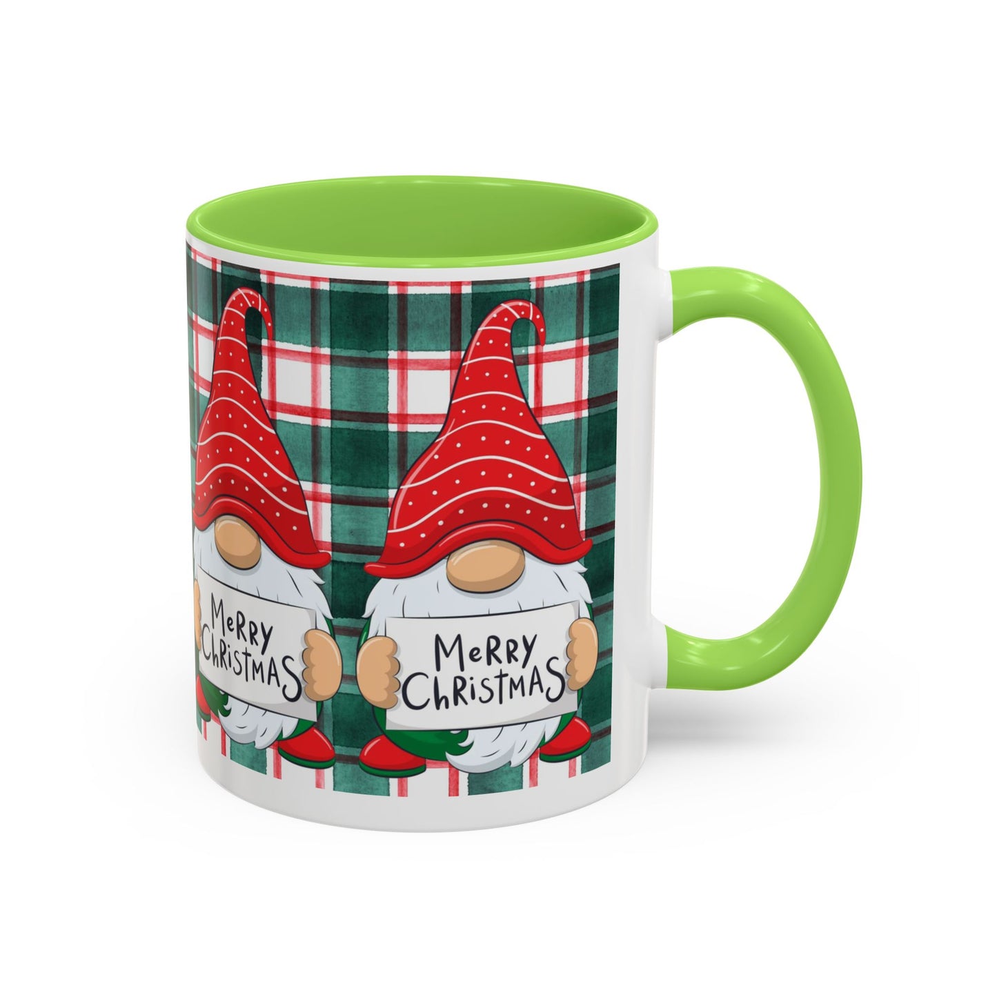 Festive Christmas gnome mug with holiday design, featuring gnomes and a plaid background.