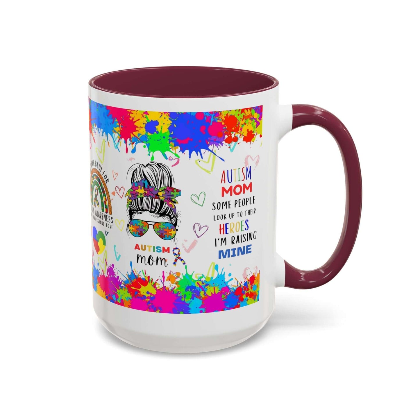 Colorful Autism Mom Mug featuring vibrant neurodiversity designs and heartfelt quotes about raising autistic children.