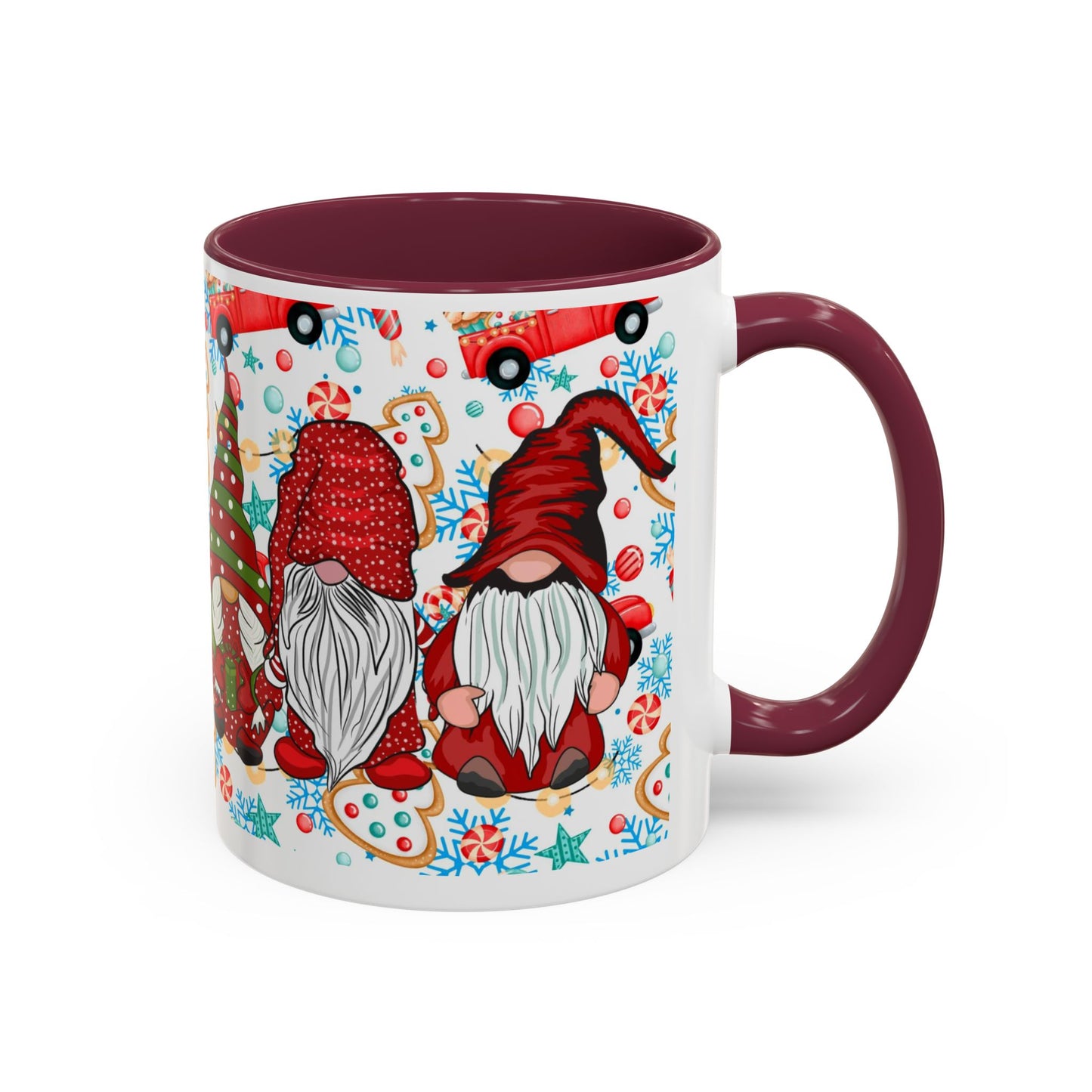 Festive Christmas gnome coffee mug with gingerbread design and snowflakes, perfect for holiday enjoyment.