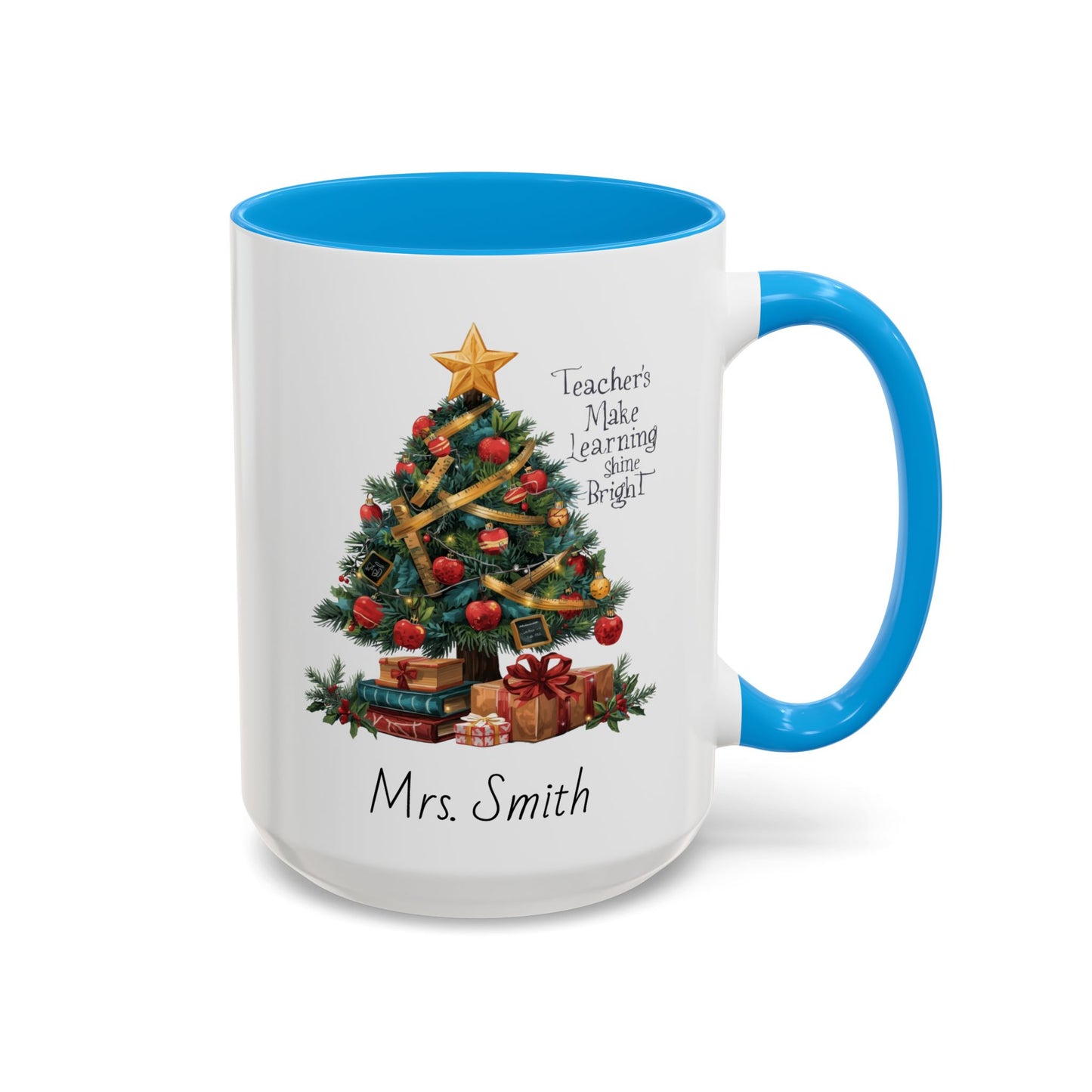 Personalized Christmas teacher mug with festive tree design, custom name, red handle, perfect holiday gift.