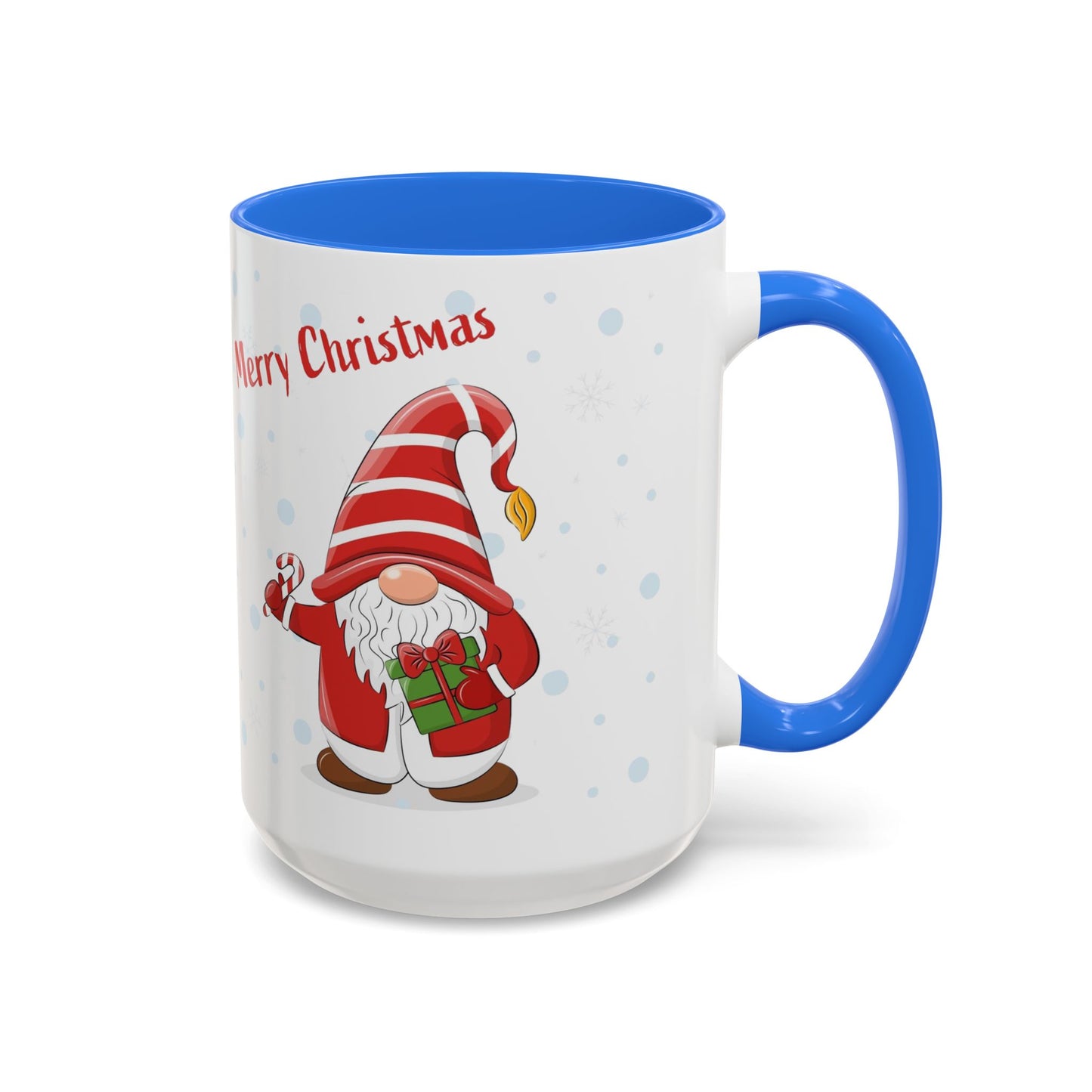 Merry Christmas gnome mug with candy cane and gift design, perfect for holiday beverages.