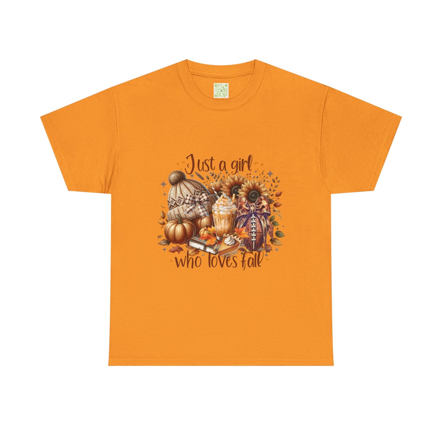  Fall-themed unisex tee featuring 'Just a Girl Who Loves Fall' design, perfect for autumn wear.