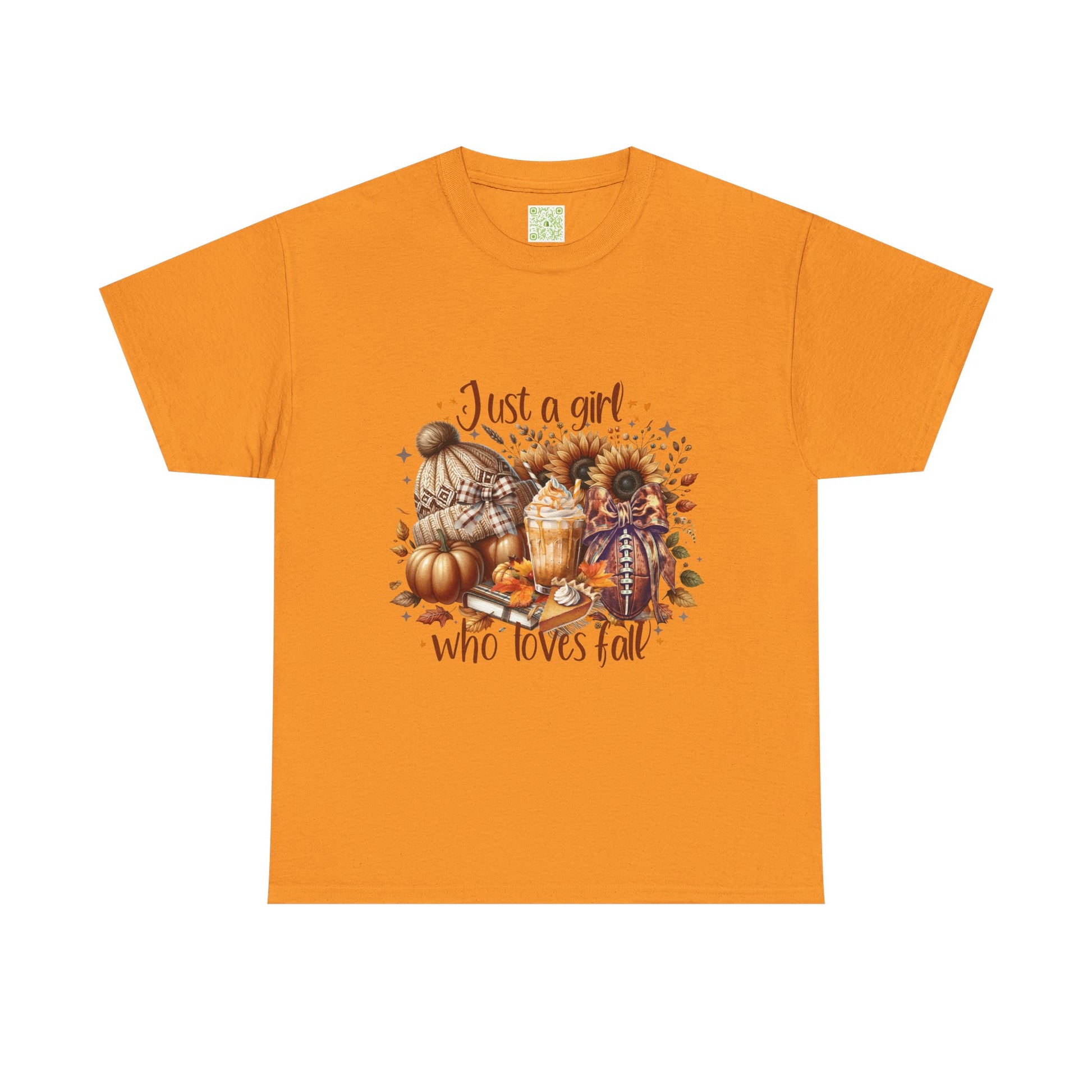  Fall-themed unisex tee featuring 'Just a Girl Who Loves Fall' design, perfect for autumn wear.