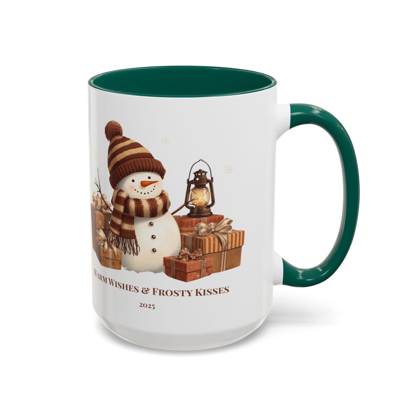 Snowman coffee mug featuring a festive design with gifts and the message 'Warm Wishes & Frosty Kisses'